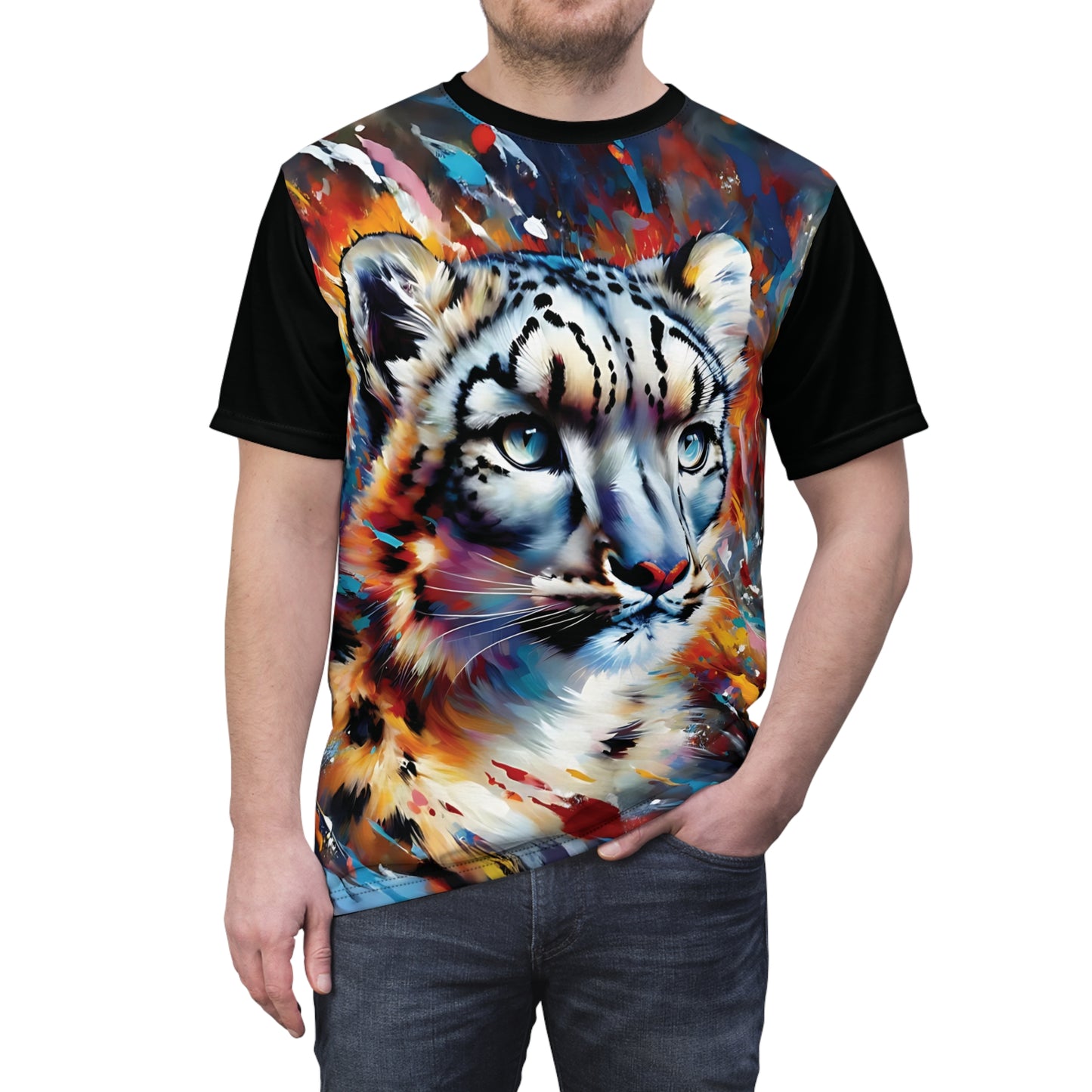 Colorful Snow Leopard Vibrant Art Tee | Colorful Unisex Cut & Sew T-Shirt, Wildlife Apparel, Unique Graphic Tee, Birthday Gift
