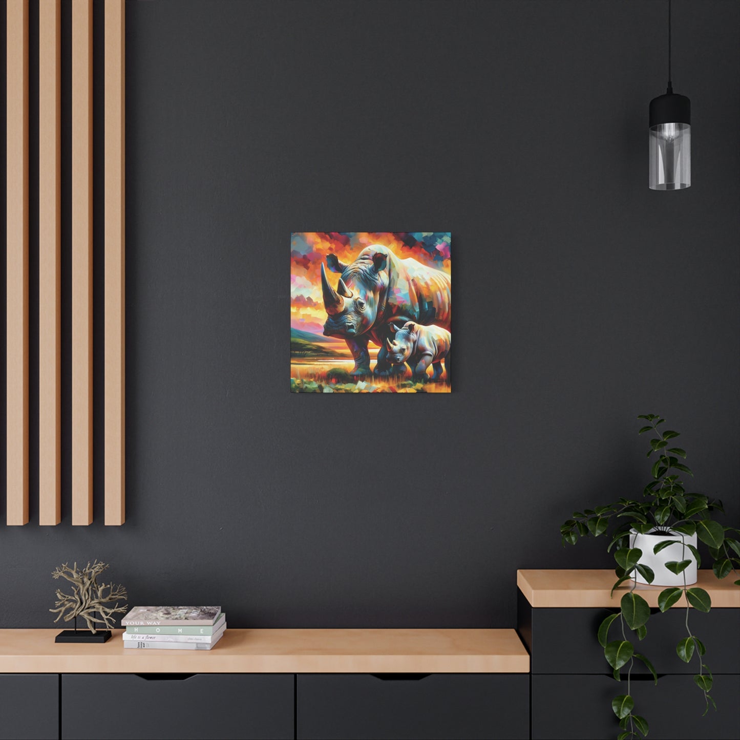 Rhinos at Sunset Expressionist Canvas Art Print