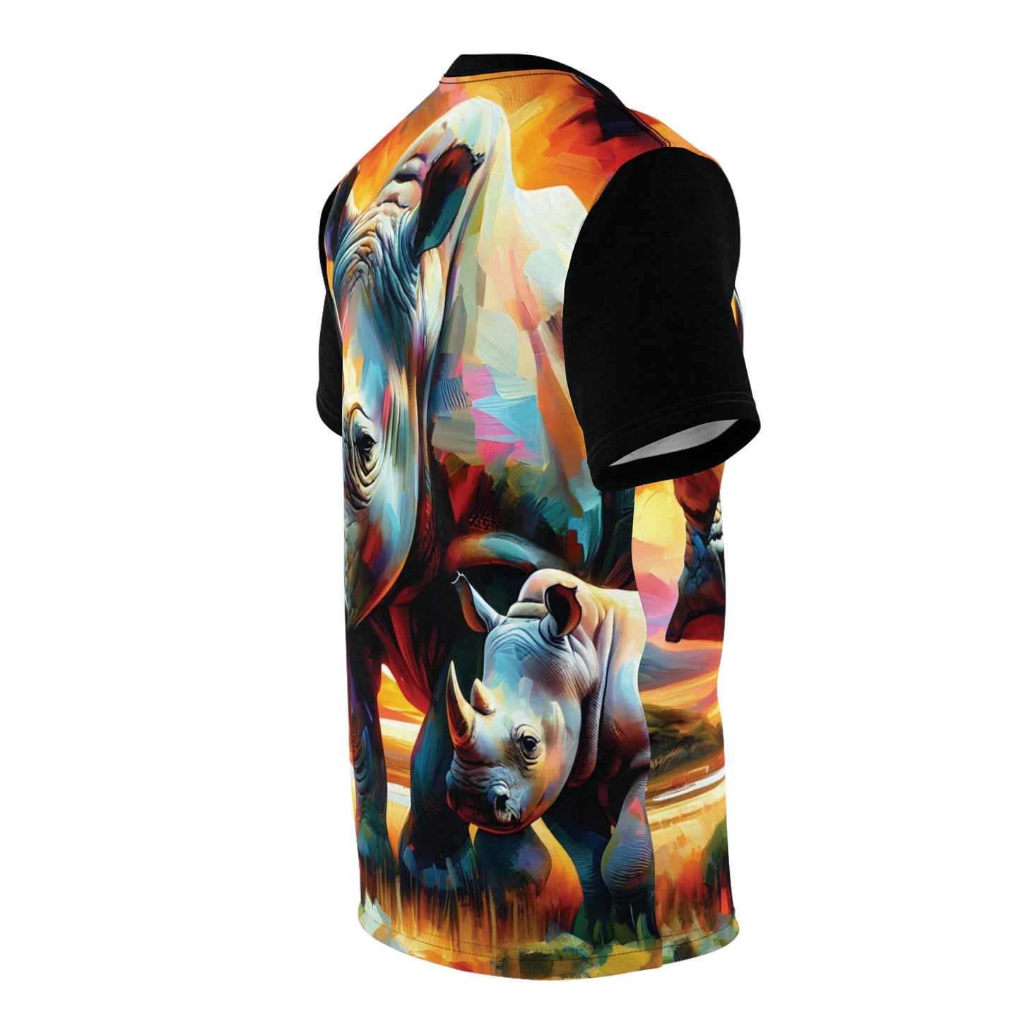 Rhinos at Sunset Art Tee | Colorful Unisex Cut & Sew T-Shirt, Wildlife Apparel, Unique Graphic Tee, Birthday Gift