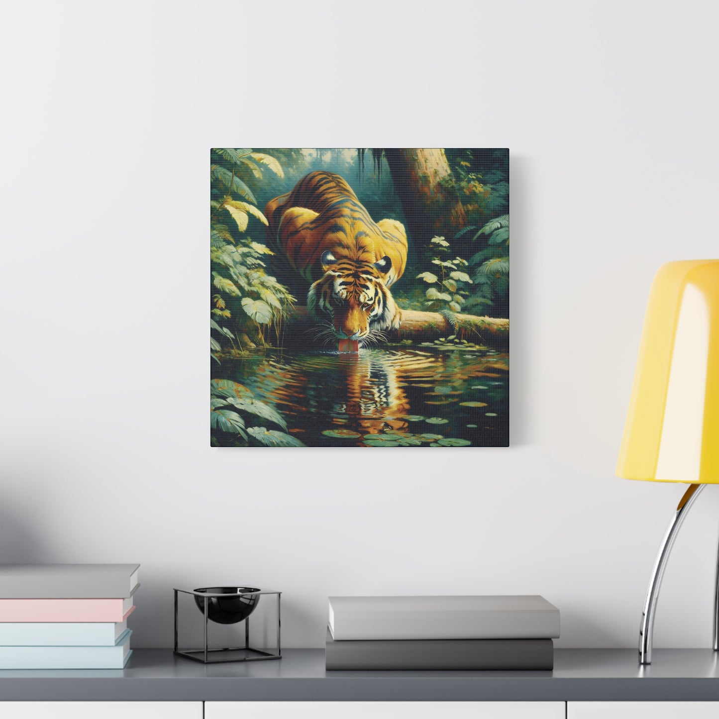 Tiger at Pond Impressionist Canvas Art Print