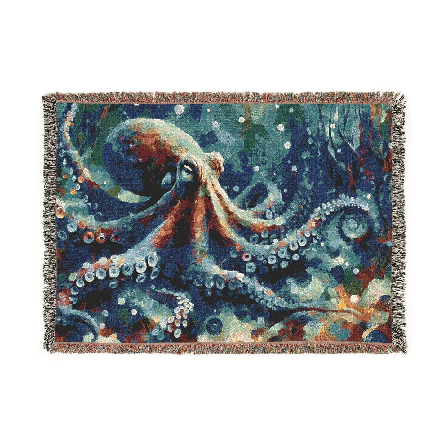 Oceanic Woven Blanket with Artistic Octopus Design, Cozy Throw for Home Decor, Nautical Gifts, Beach or Sea Lovers, Unique Wall Hanging