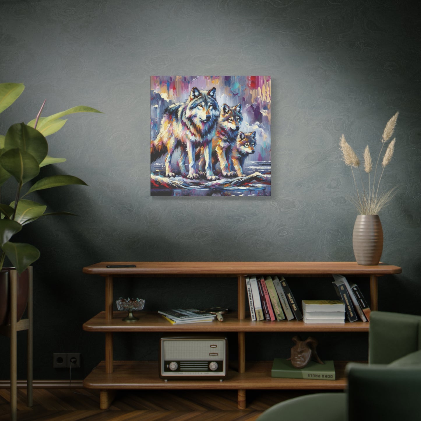 Wolf Canvas Wall Art - Wolf with Juveniles Expressionist Canvas Print