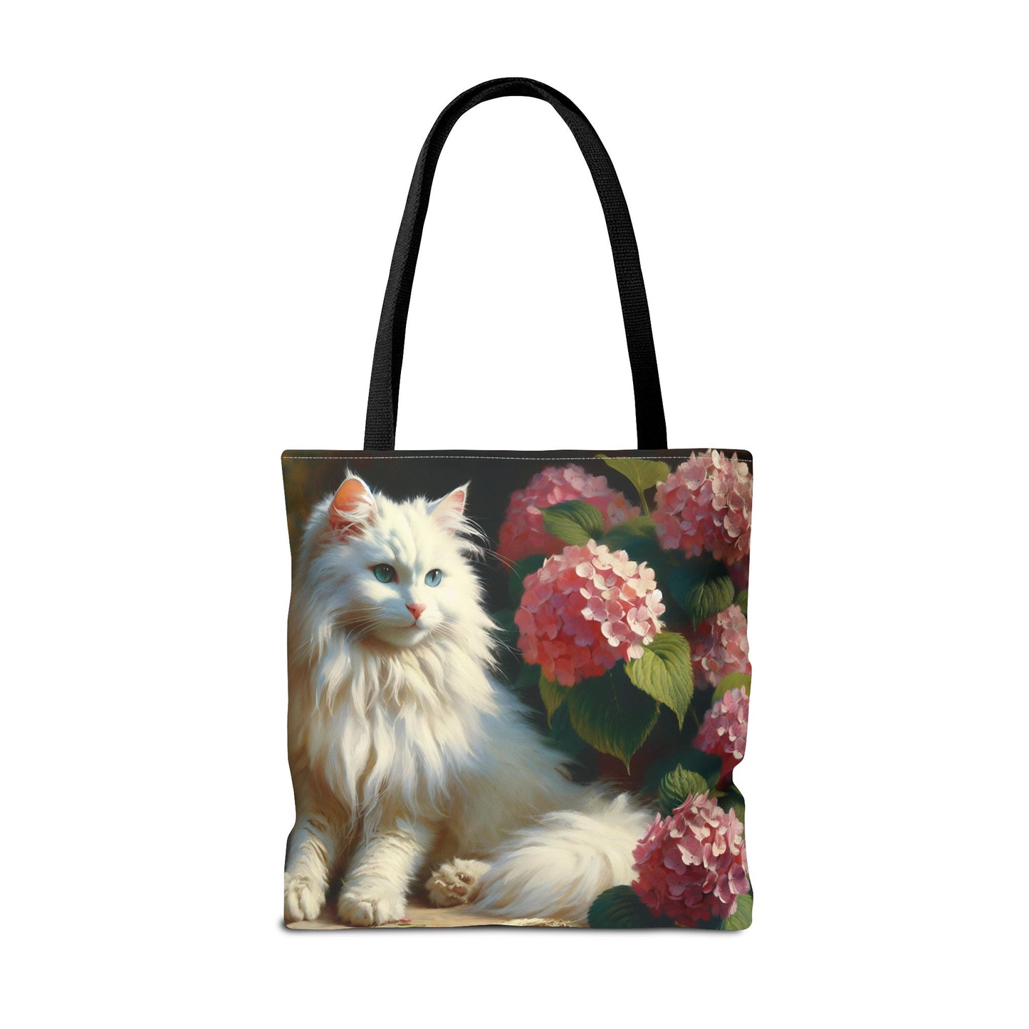 Cat Tote Bag with Pink Hydrangeas - Impressionist Style Art