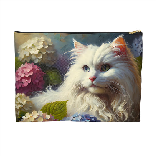 Cat Lover's Accessory Pouch, Young White Cat with Hydrangeas, Cute Cat Makeup Bag, Pet-Themed Gift, Floral Storage Bag, Cat Mom Essential