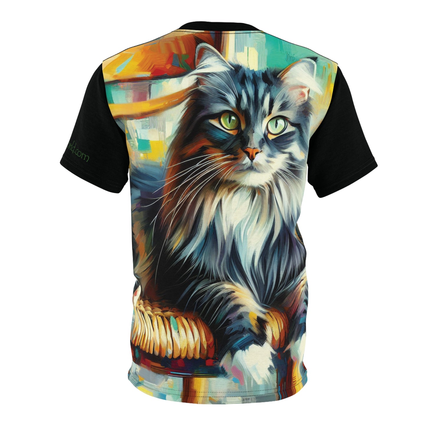 Longhaired Cat on Wooden Chair Vibrant Art Tee | Colorful Unisex Cut & Sew T-Shirt, Wildlife Apparel, Unique Graphic Tee, Birthday Gift
