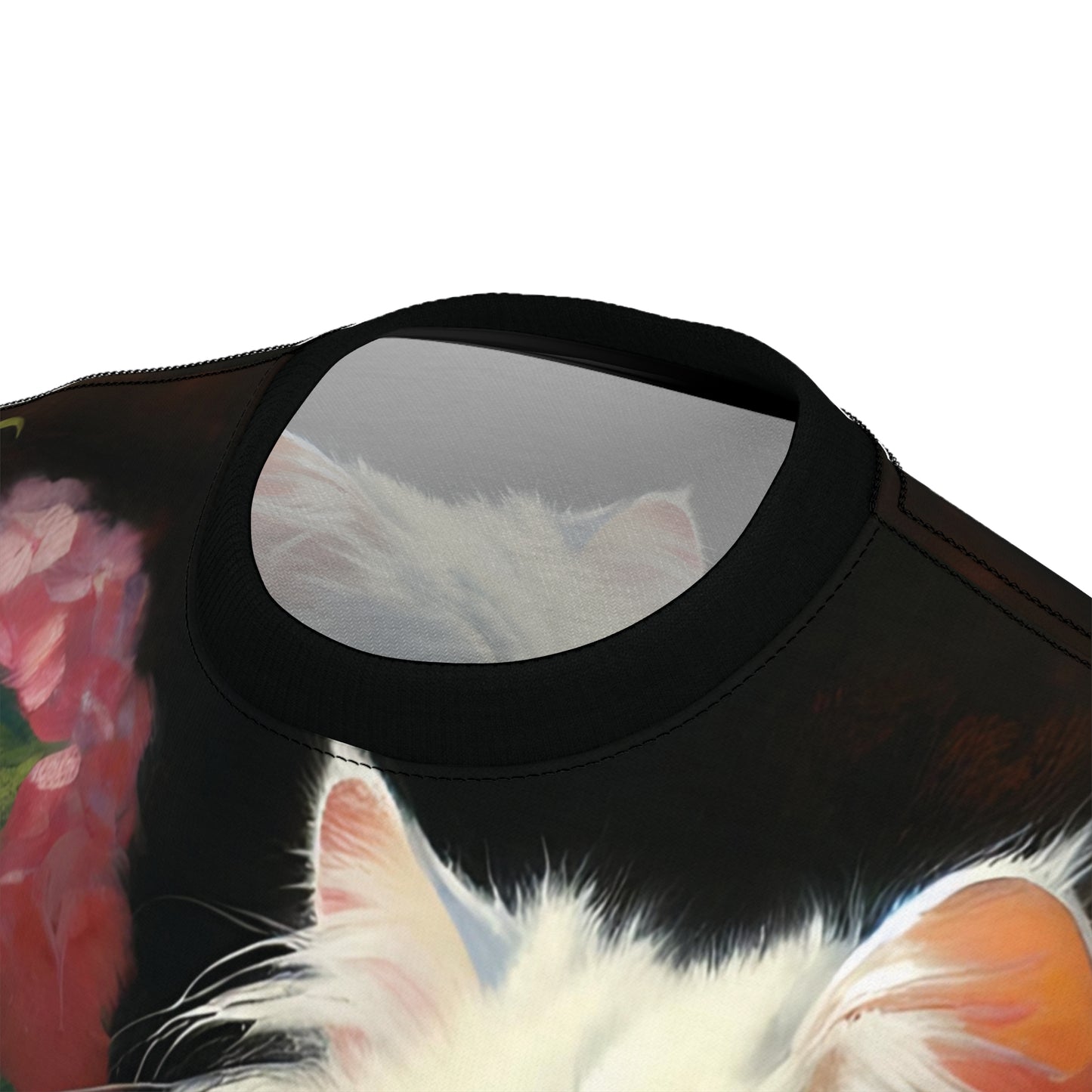 Blue-Eyed White Cat with Pink Hydrangeas Vibrant Art Tee | Colorful Unisex Cut & Sew T-Shirt, Wildlife Apparel, Unique Graphic Tee, Birthday Gift