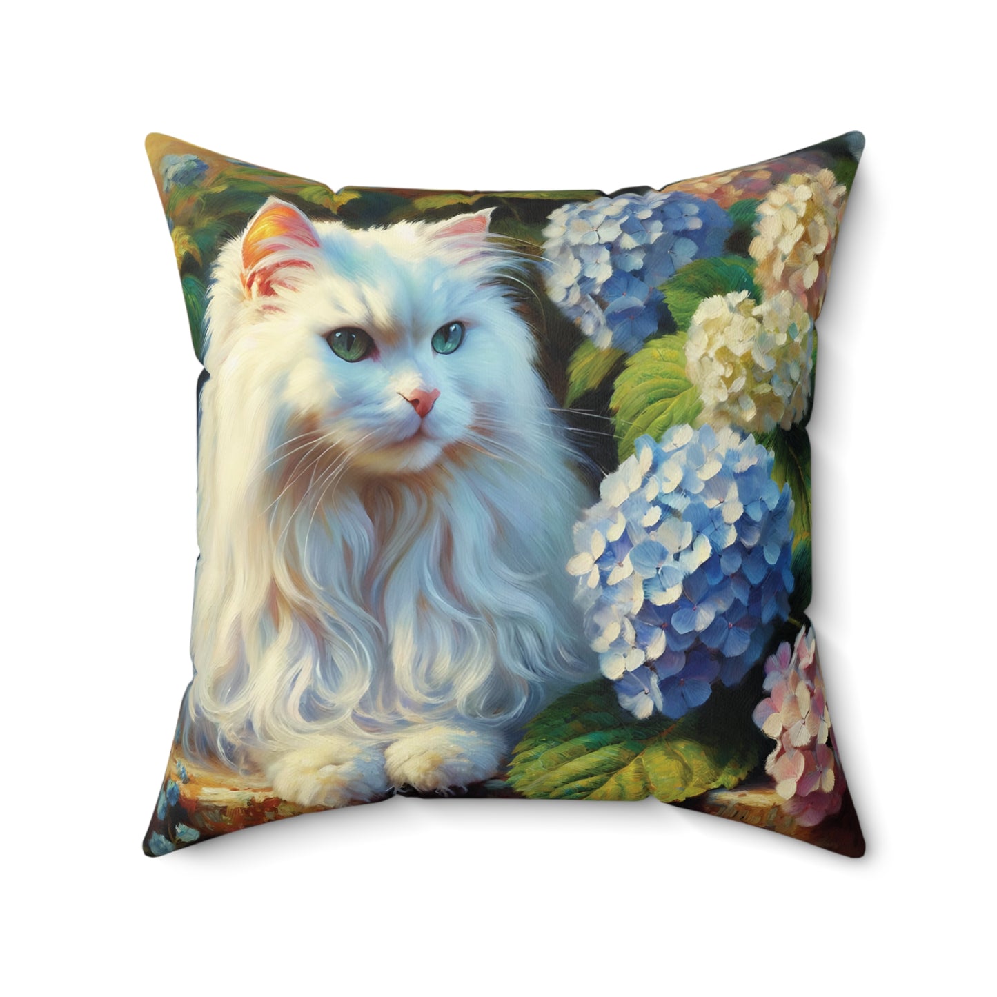 Throw Pillow - The Artist's White Cat with Hydrangeas - Cozy Decorative Cushion