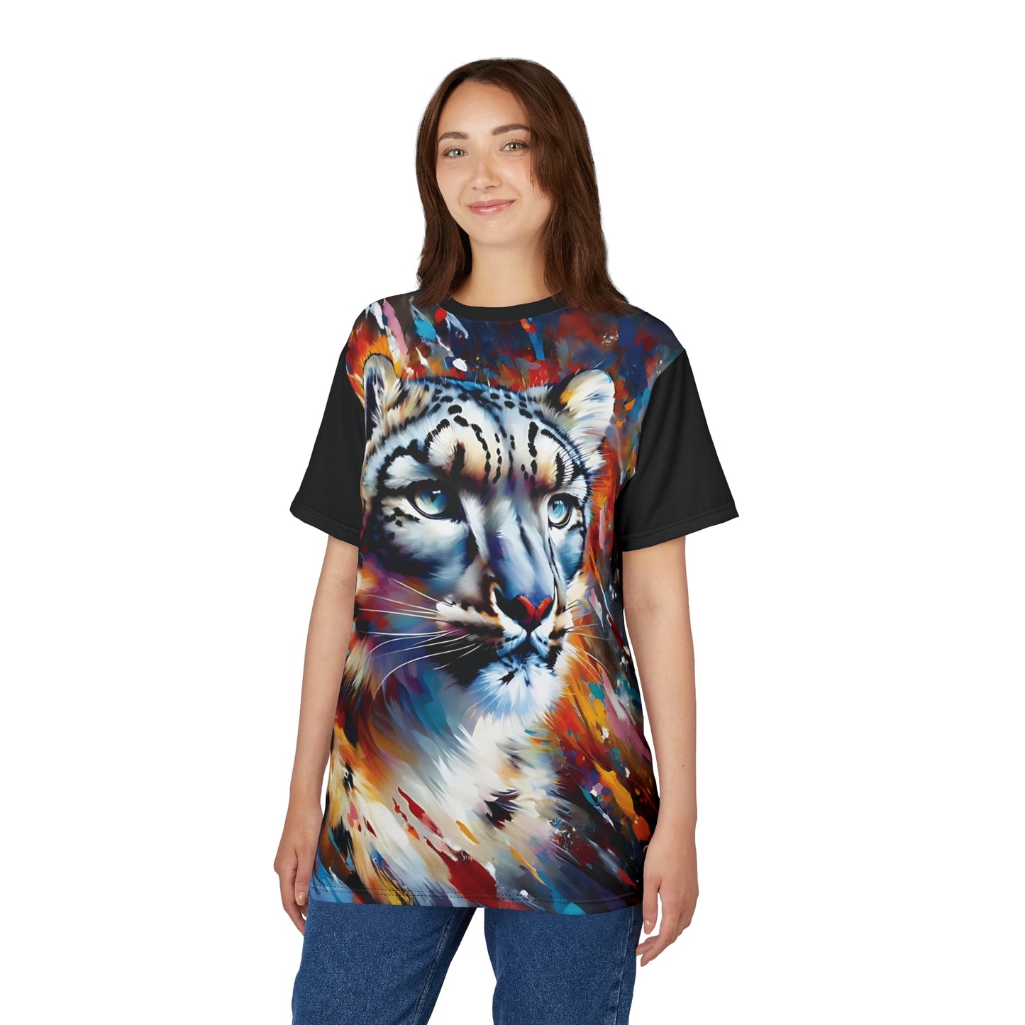 Colorful Snow Leopard Vibrant Art Tee | Colorful Unisex Cut & Sew T-Shirt, Wildlife Apparel, Unique Graphic Tee, Birthday Gift