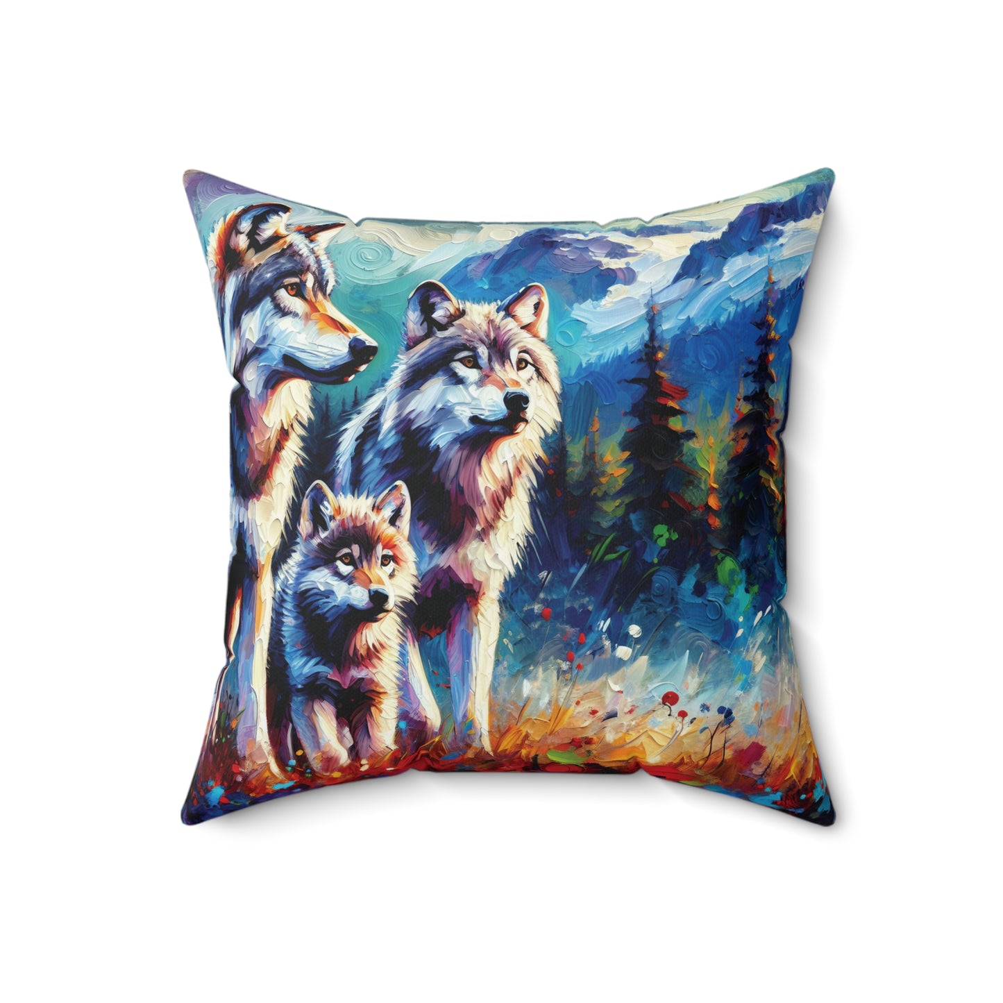 Gray Wolf Family - Square Throw Pillows