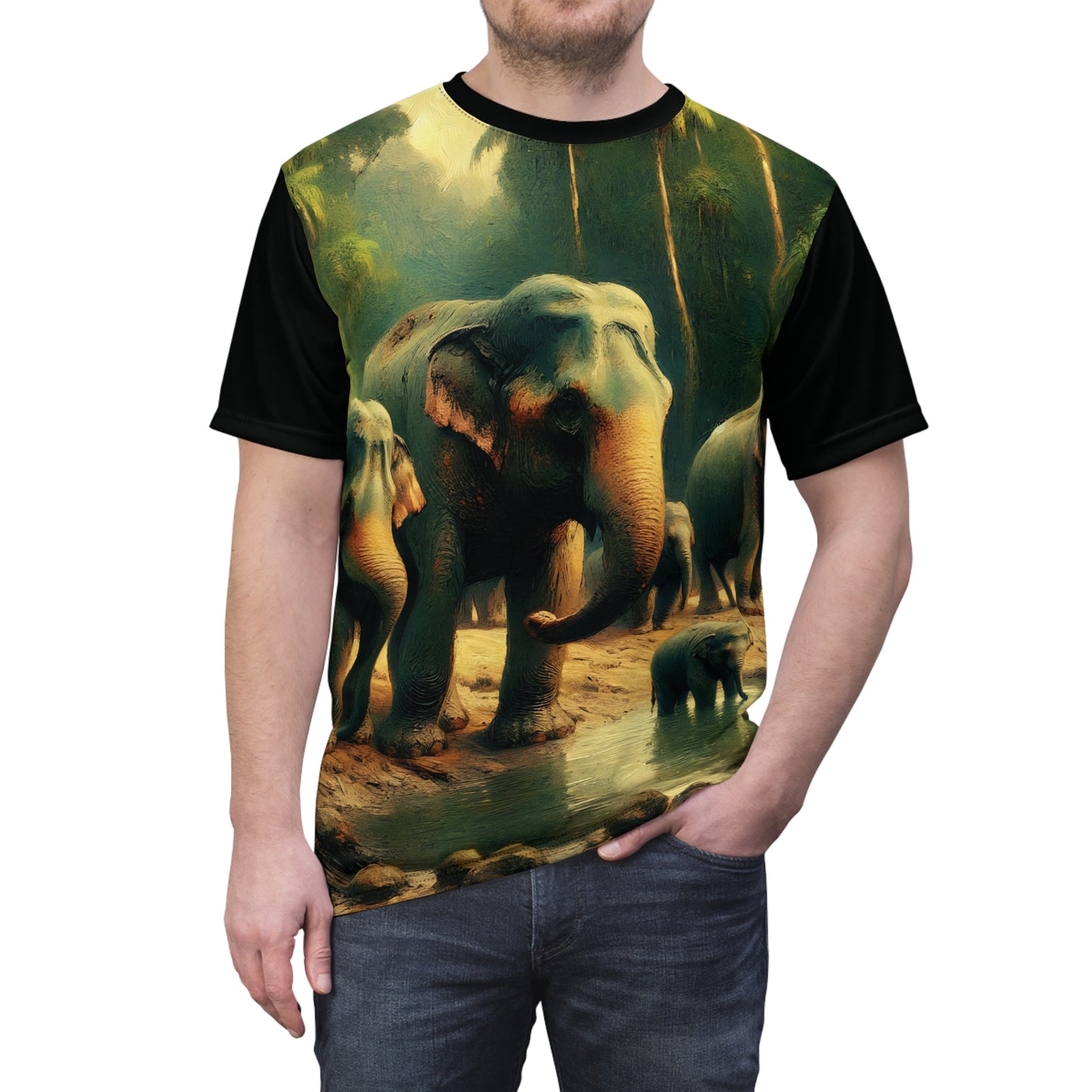 Asiatic Elephant Herd at Watering Hole Vibrant Art Tee | Colorful Unisex Cut & Sew T-Shirt, Wildlife Apparel, Unique Graphic Tee, Birthday Gift