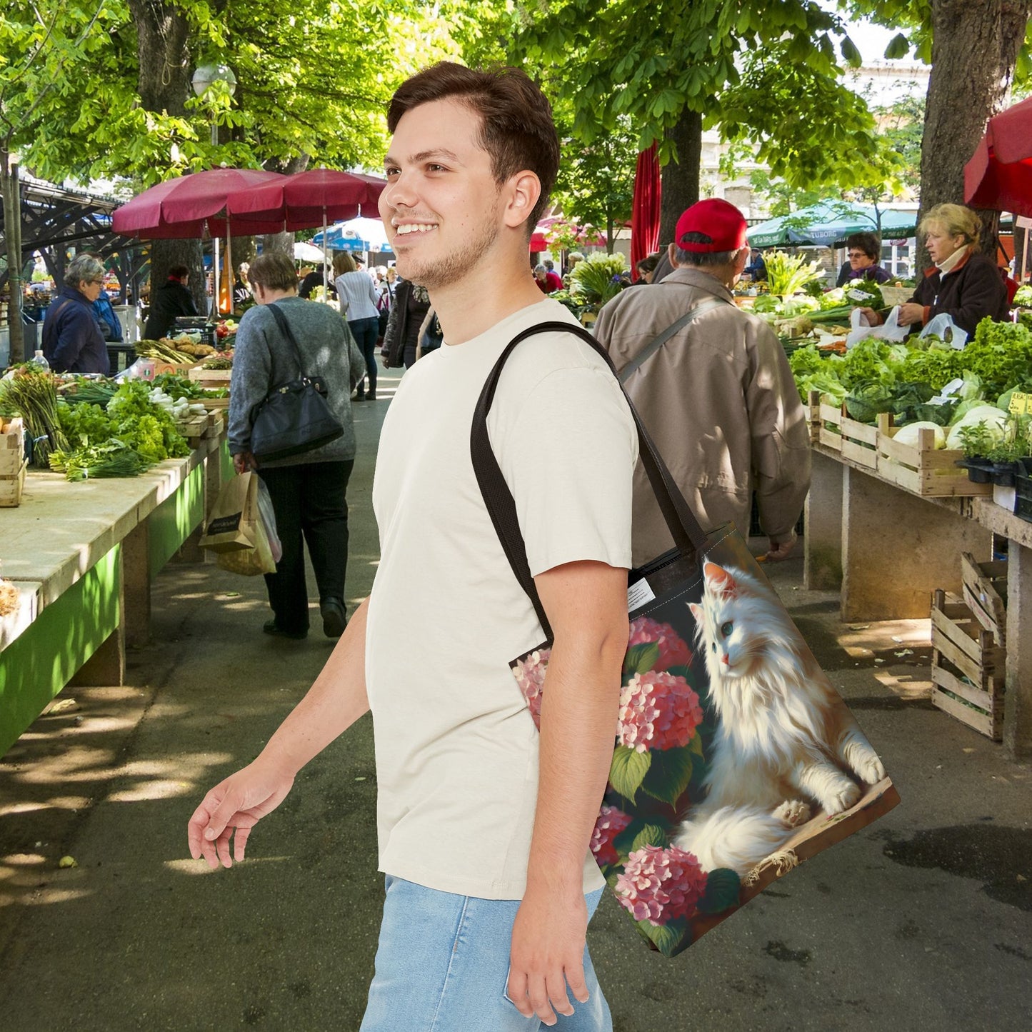 Cat Tote Bag with Pink Hydrangeas - Impressionist Style Art
