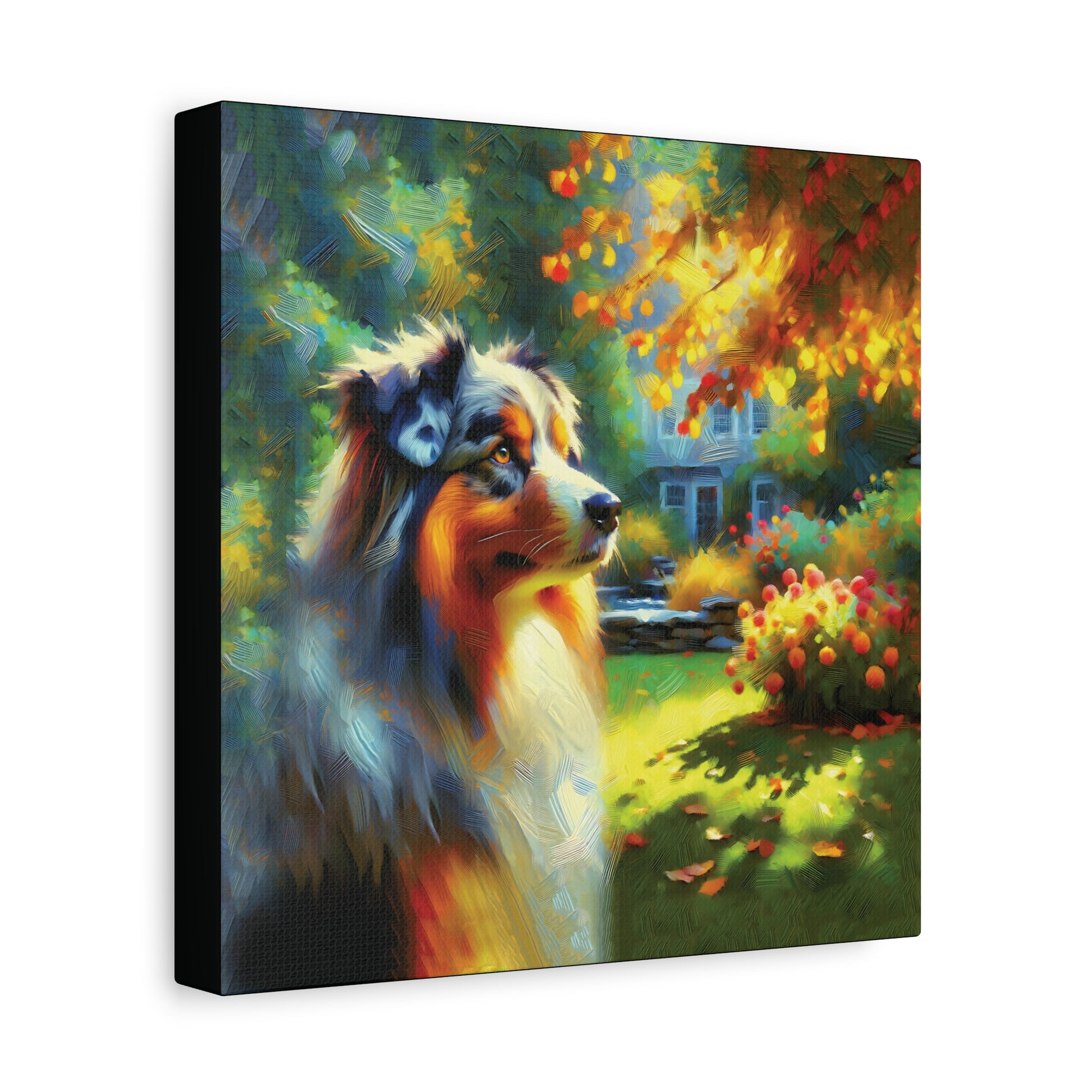 Canvas print of an Australian Shepherd dog in a colorful autumn landscape