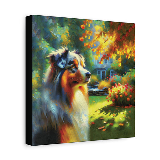 Canvas print of an Australian Shepherd dog in a colorful autumn landscape
