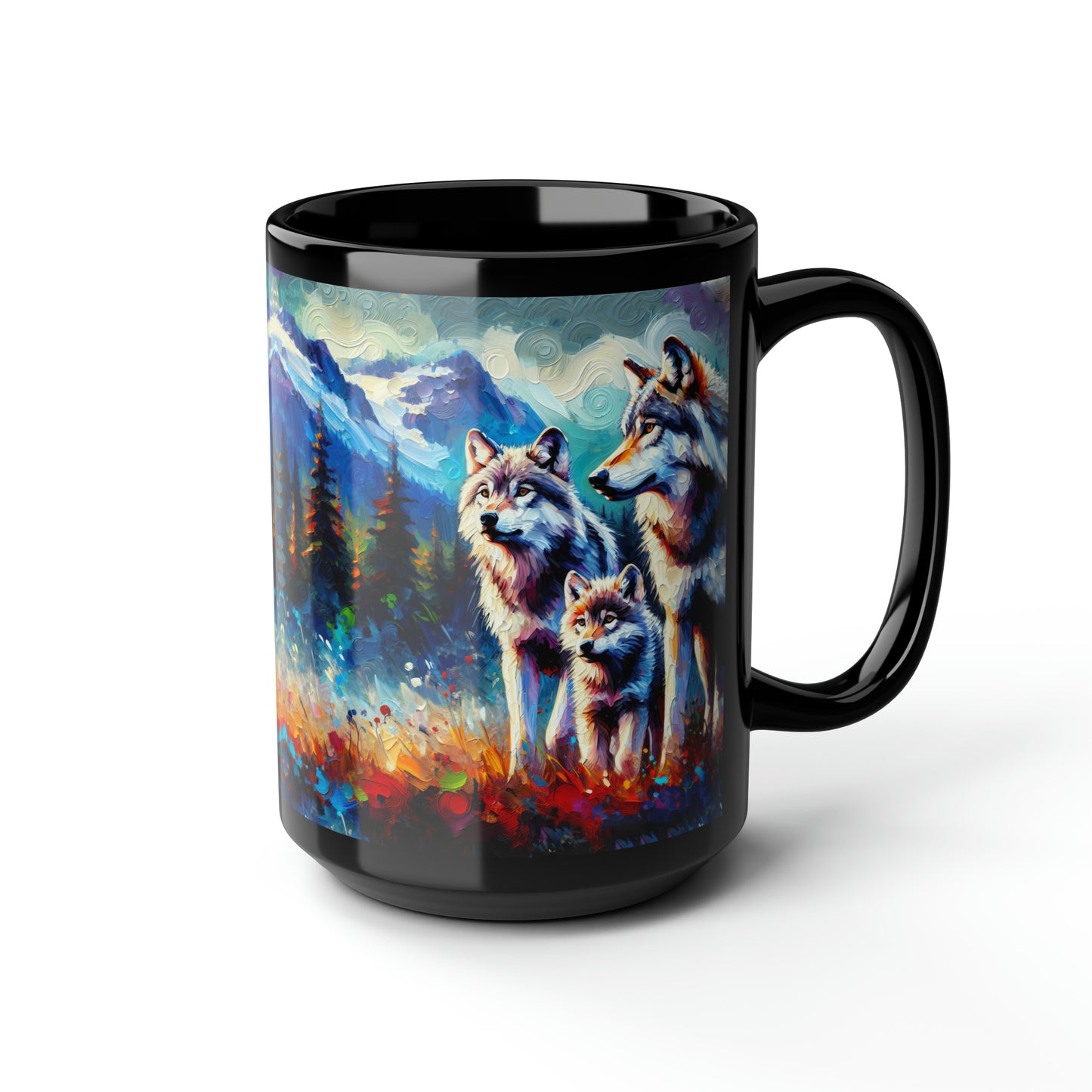 Gray Wolf Family - Black Mugs (11oz, 15oz)