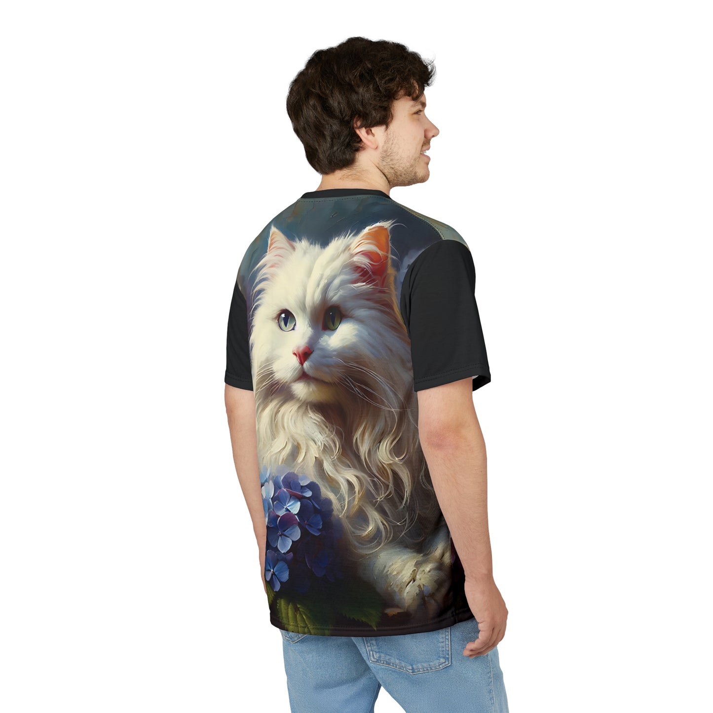 Young White Cat with Hydrangeas Vibrant Art Tee | Colorful Unisex Cut & Sew T-Shirt, Cat Lover Apparel, Unique Graphic Tee, Birthday Gift