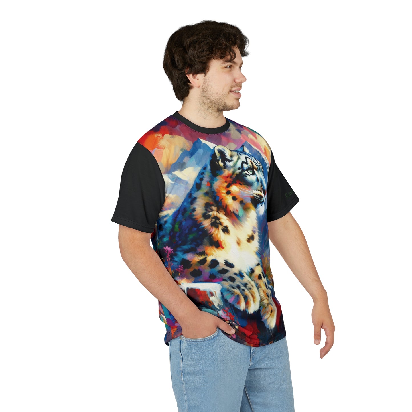 Himalayan Snow Leopard Vibrant Art Tee | Colorful Unisex Cut & Sew T-Shirt, Wildlife Apparel, Unique Graphic Tee, Birthday Gift