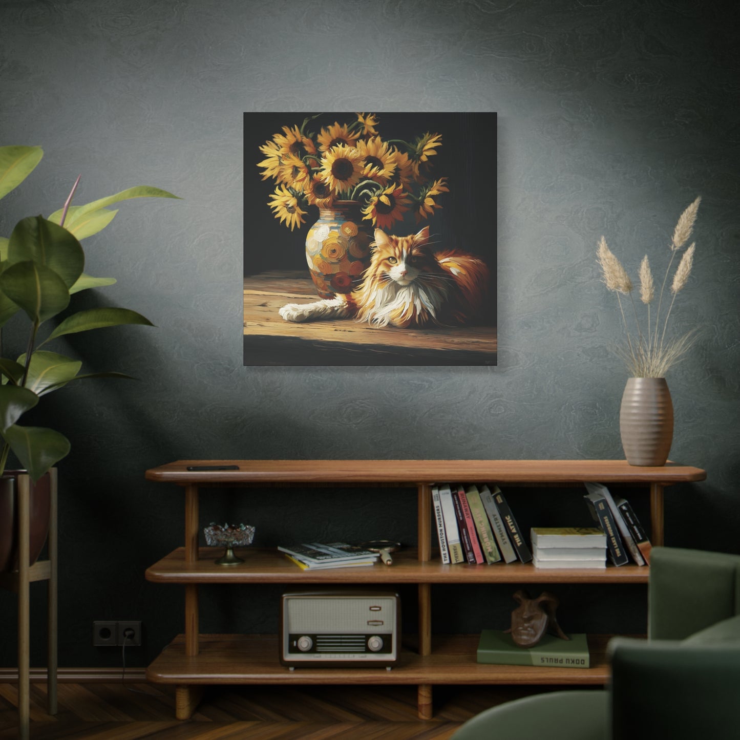 Canvas Wall Art - Orange and White Cat with Sunflowers Old Master Style Art