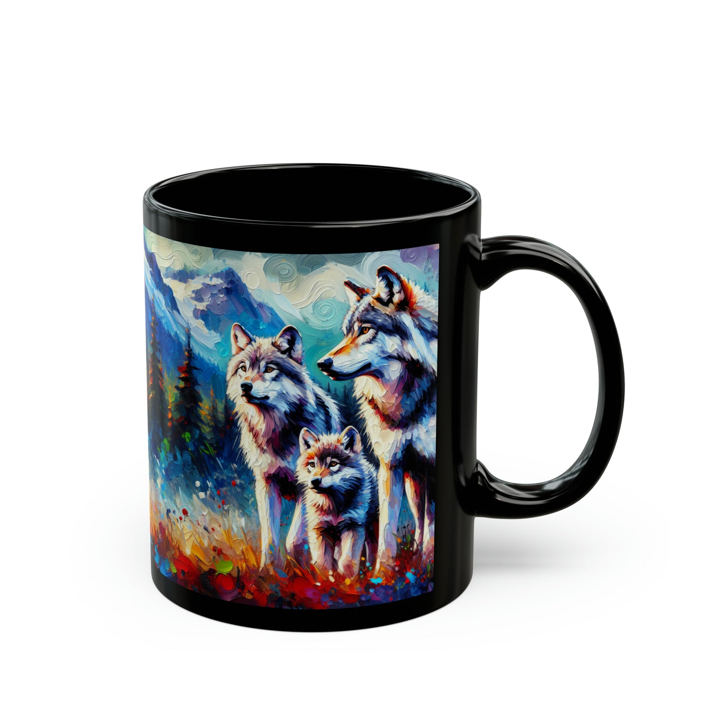 Gray Wolf Family - Black Mugs (11oz, 15oz)
