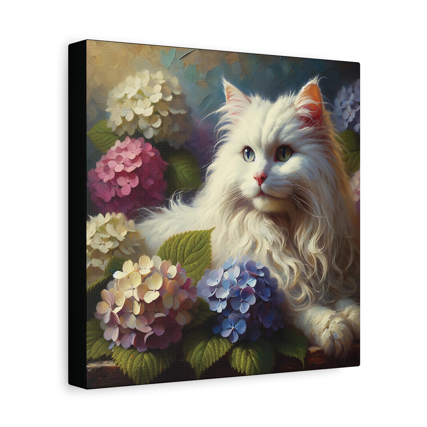 Canvas print of a white cat among hydrangea flowers