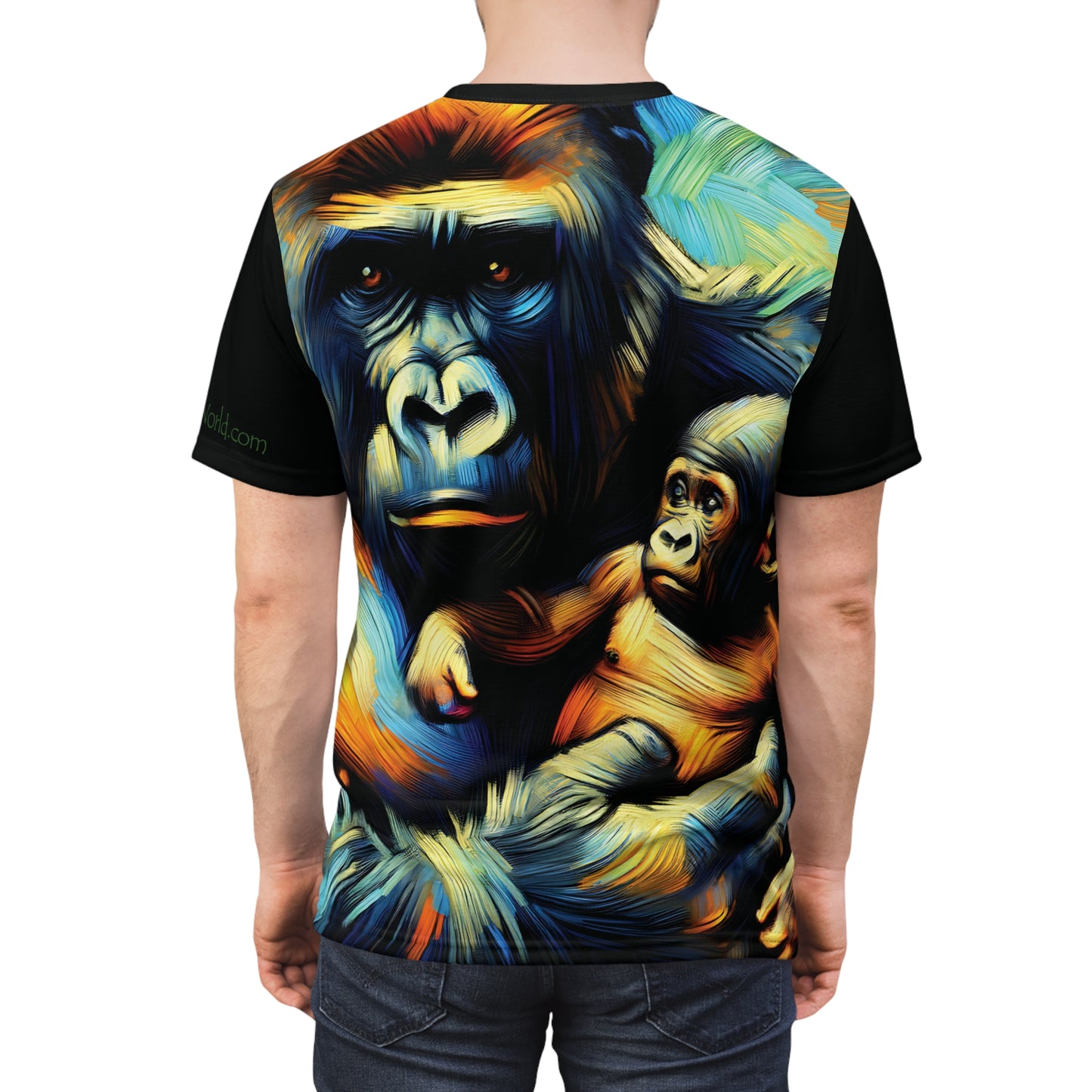 Gorilla Holding Baby Art Tee | Colorful Unisex Cut & Sew T-Shirt, Wildlife Apparel, Unique Graphic Tee, Birthday Gift