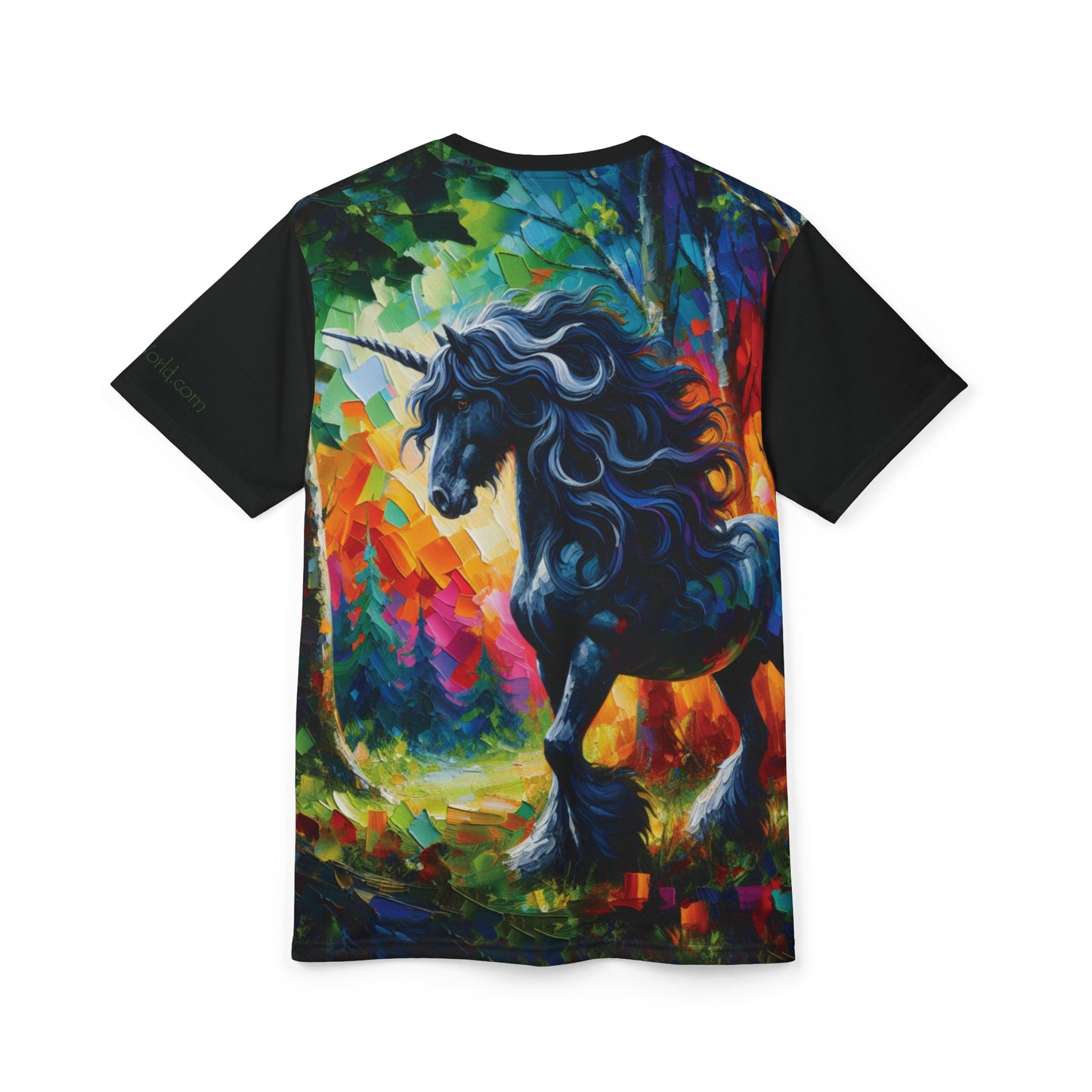 Elegant Black Stallion Unicorn Art Tee | Colorful Unisex Cut & Sew T-Shirt, Wildlife Apparel, Unique Graphic Tee