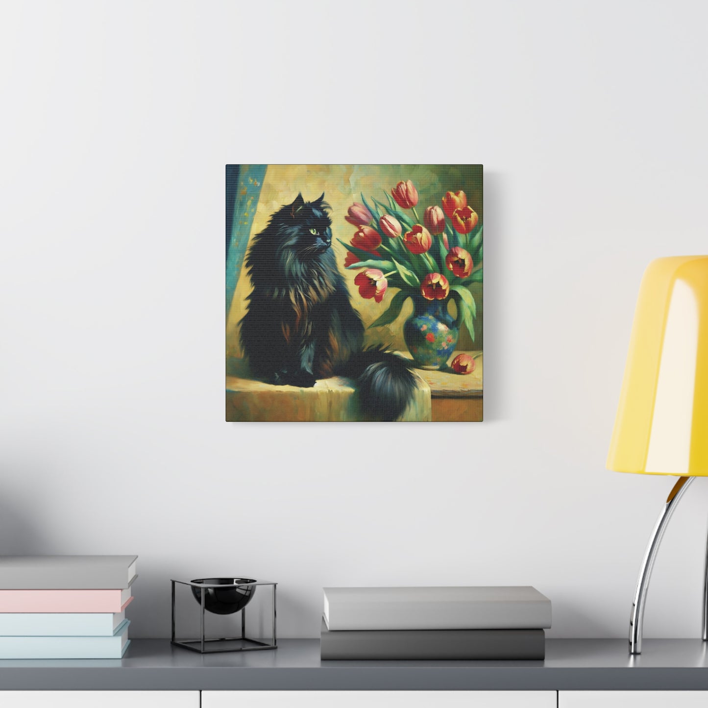The Artist's Black Cat with Red Tulips - Impressionist Canvas Wall Art