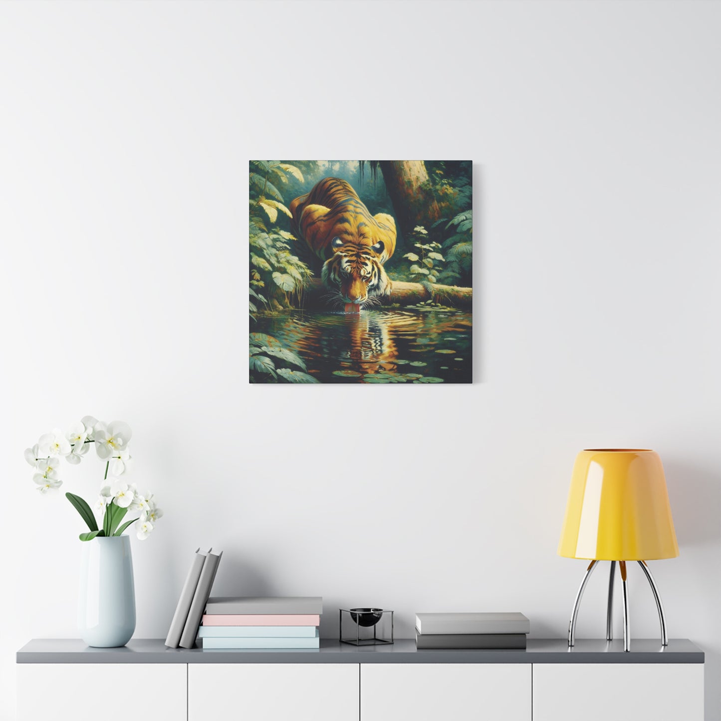Tiger at Pond Impressionist Canvas Art Print