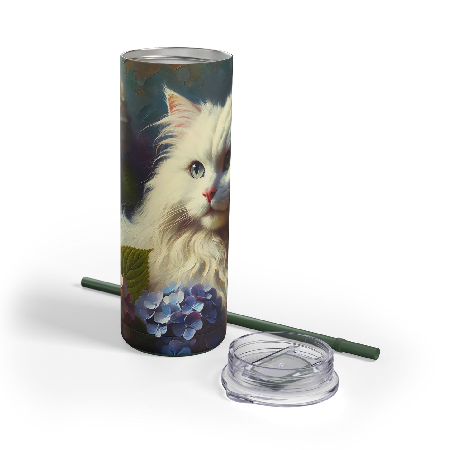 Travel Mug - The Artist's White Cat with Hydrangeas - Impressionist Art Style