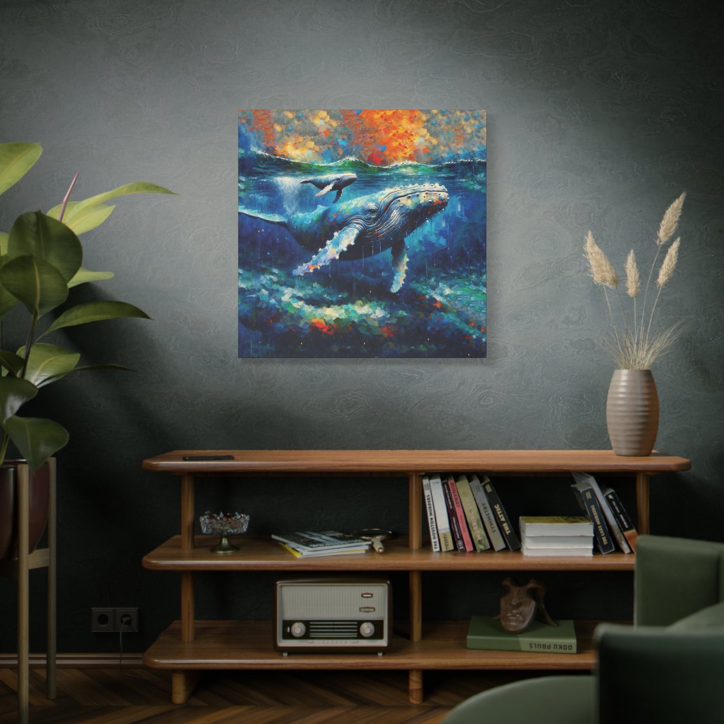 Humpback Whale and Calf Expressionist Canvas Art Print