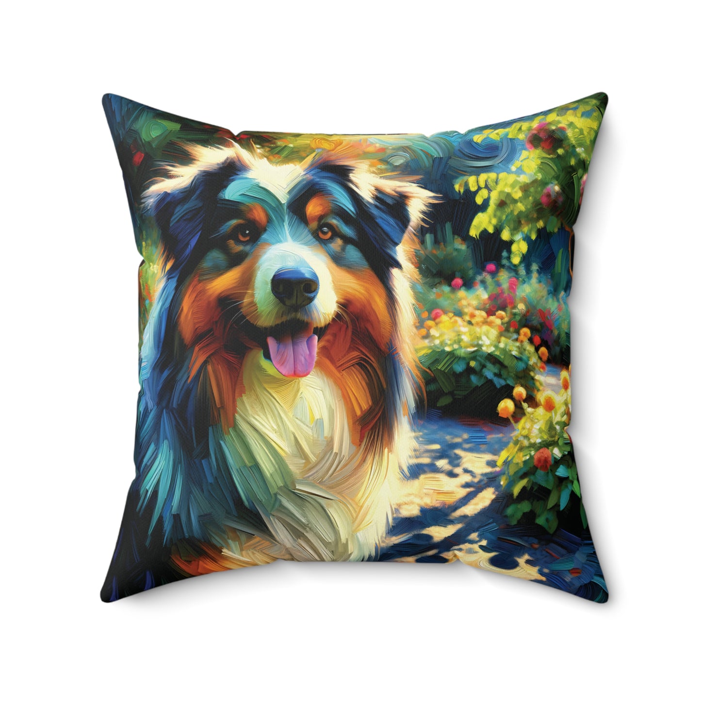 Australian Shepherd on Garden Path - Square Throw Pillows