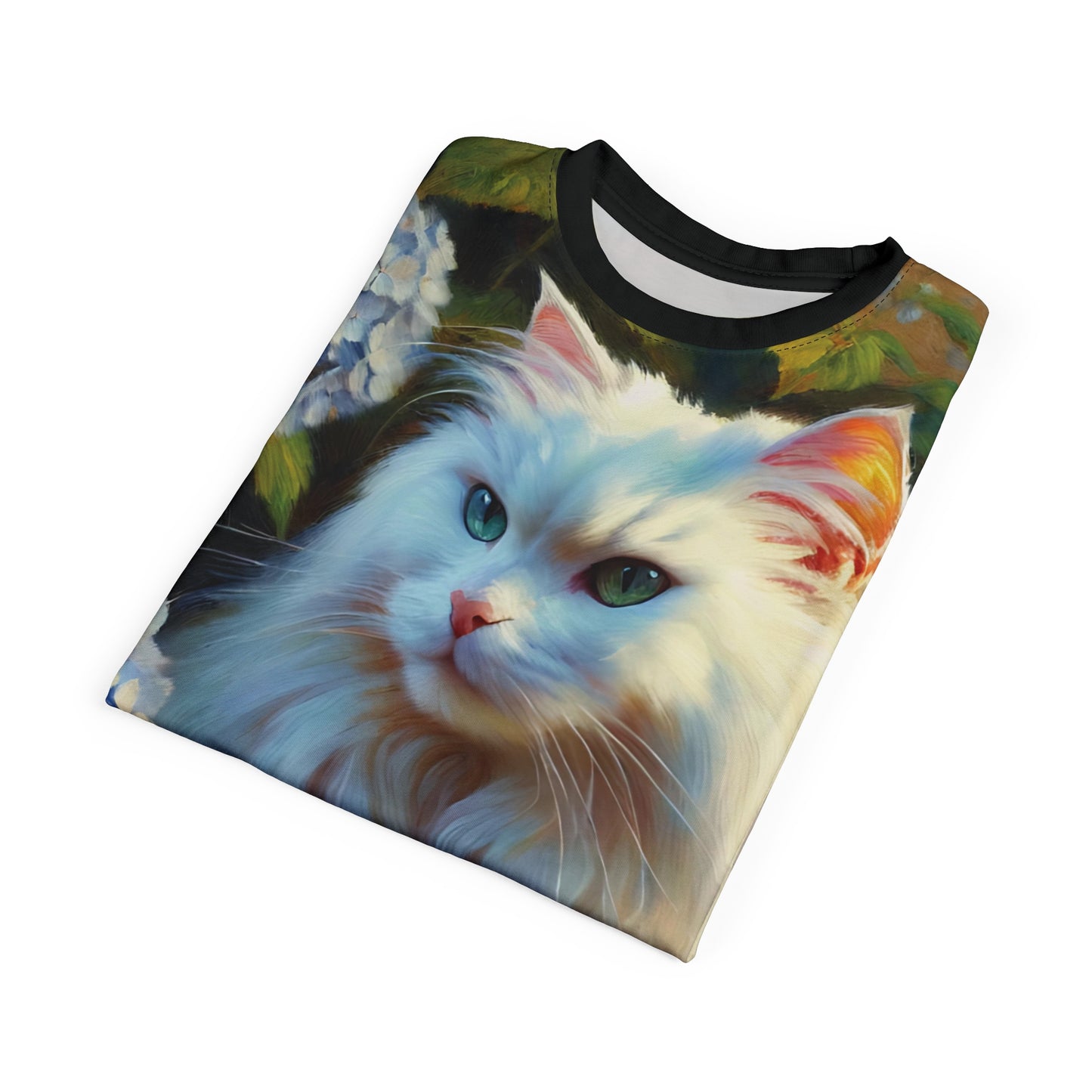 White Cat with Hydrangeas Vibrant Art Tee | Colorful Unisex Cut & Sew T-Shirt, Cat Lover Apparel, Unique Graphic Tee, Birthday Gift