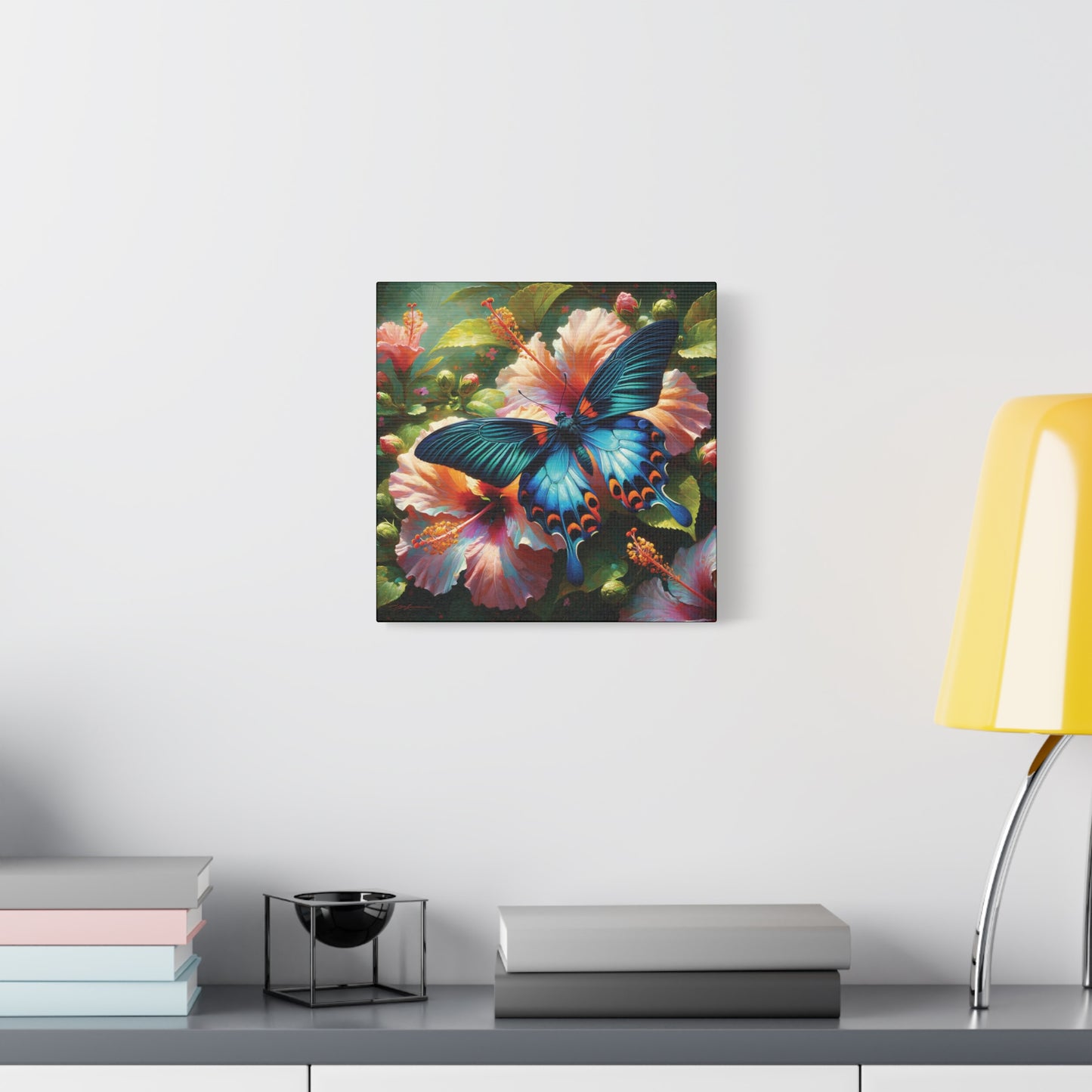Butterfly Canvas Wall Art - Blue Butterfly with Hibiscus, Impressionist Art Style