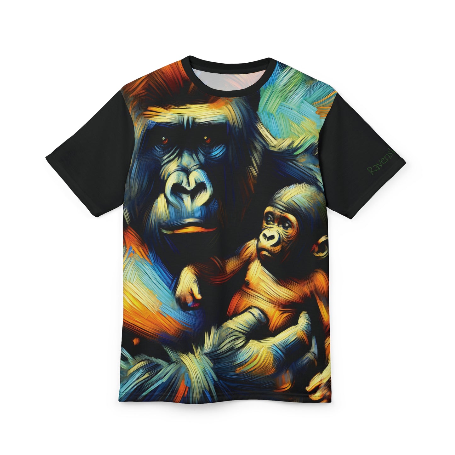Gorilla Holding Baby Art Tee | Colorful Unisex Cut & Sew T-Shirt, Wildlife Apparel, Unique Graphic Tee, Birthday Gift