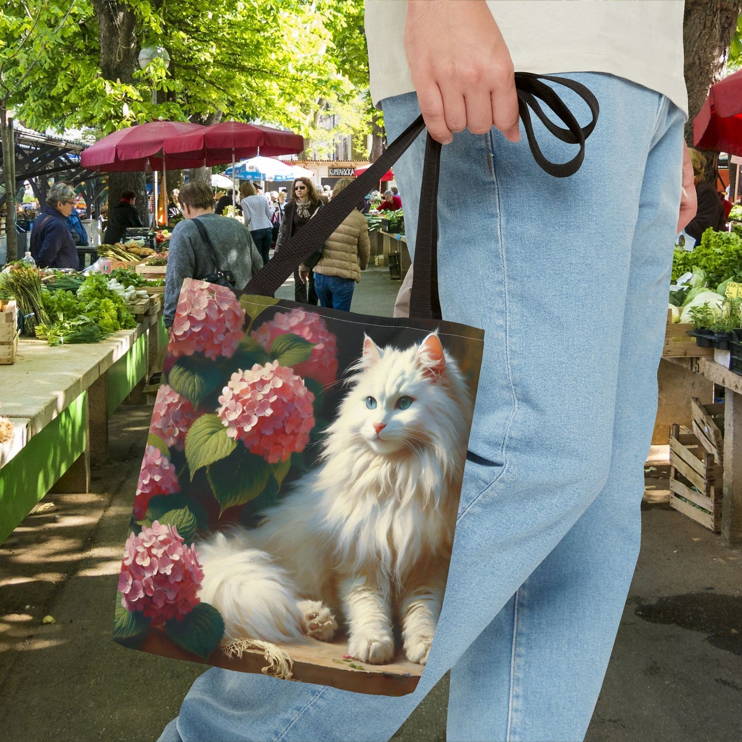 Cat Tote Bag with Pink Hydrangeas - Impressionist Style Art