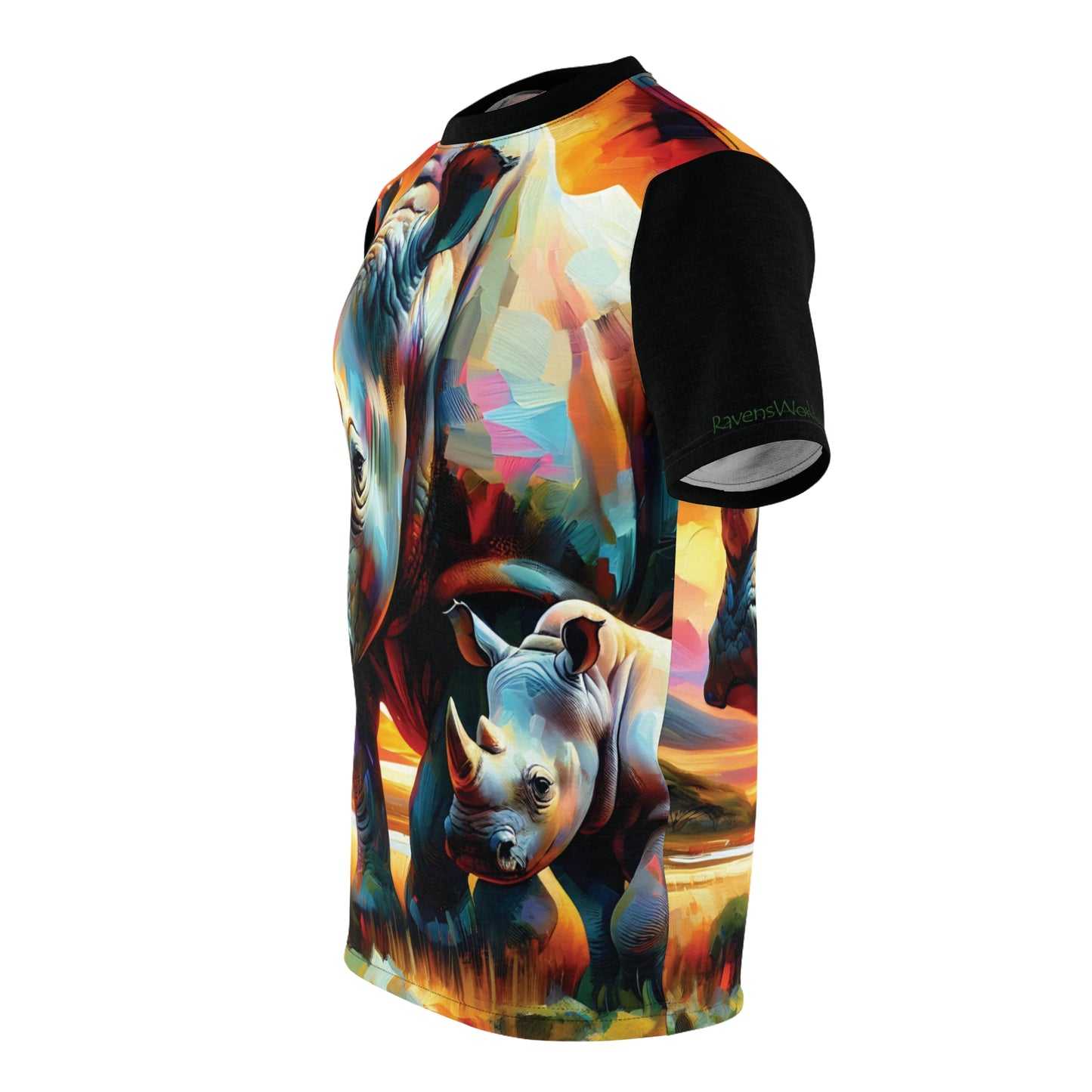 Rhinos at Sunset Art Tee | Colorful Unisex Cut & Sew T-Shirt, Wildlife Apparel, Unique Graphic Tee, Birthday Gift