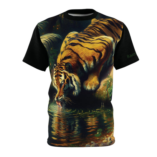 T-shirt with a tiger drinking design on a black shirt