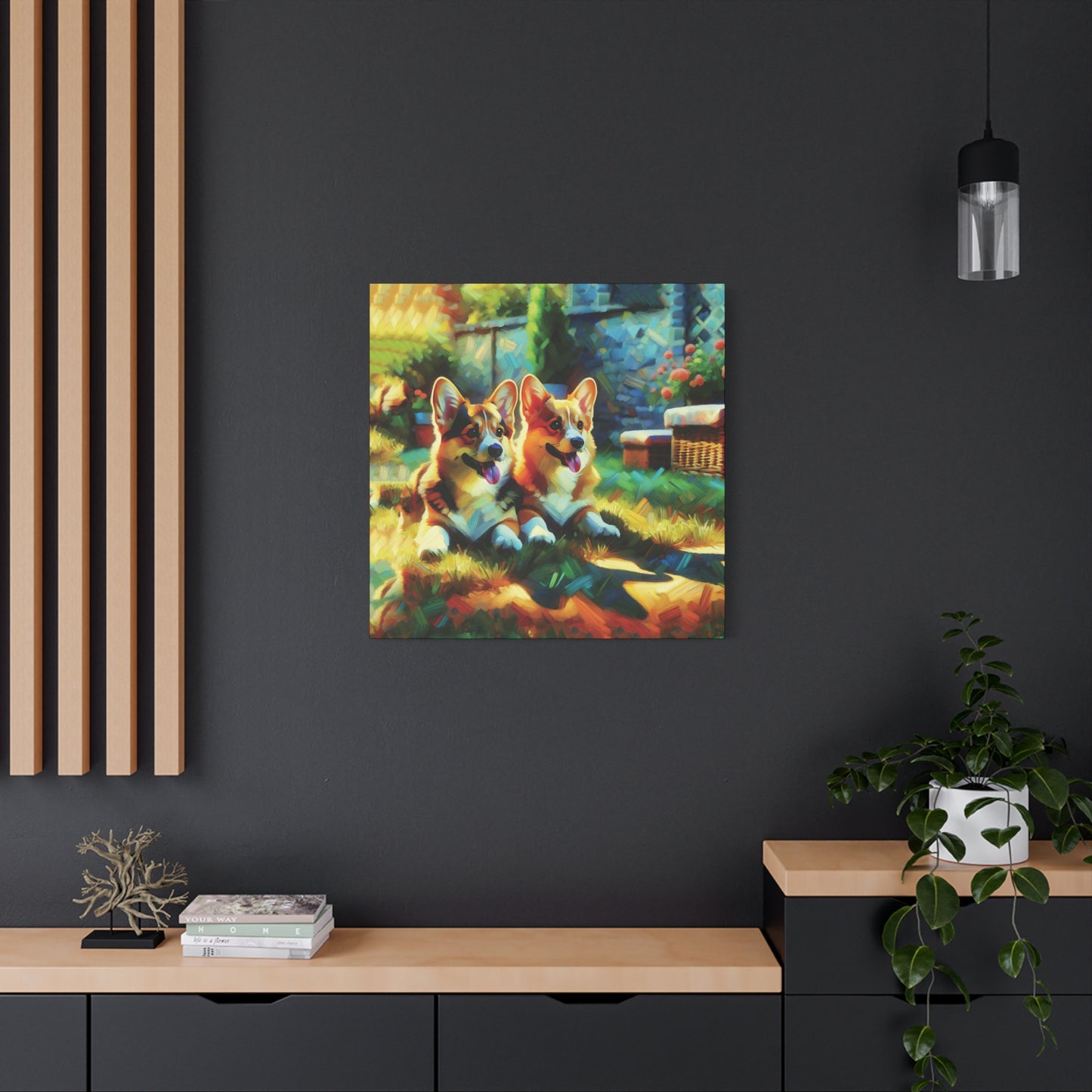 Canvas Wall Art - Pembroke Corgi Pair Resting in Garden - Contemporary Impressionist Print