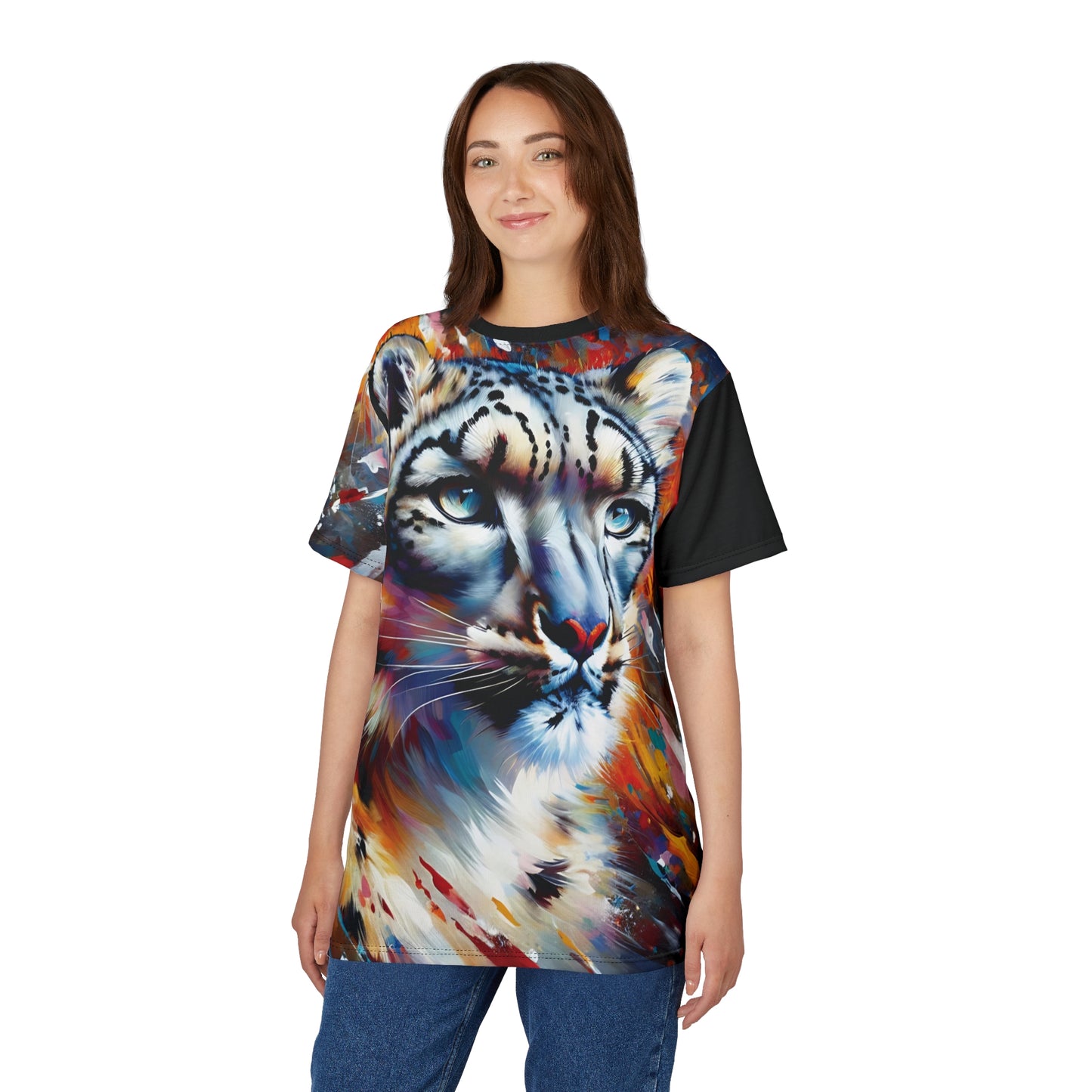 Colorful Snow Leopard Vibrant Art Tee | Colorful Unisex Cut & Sew T-Shirt, Wildlife Apparel, Unique Graphic Tee, Birthday Gift