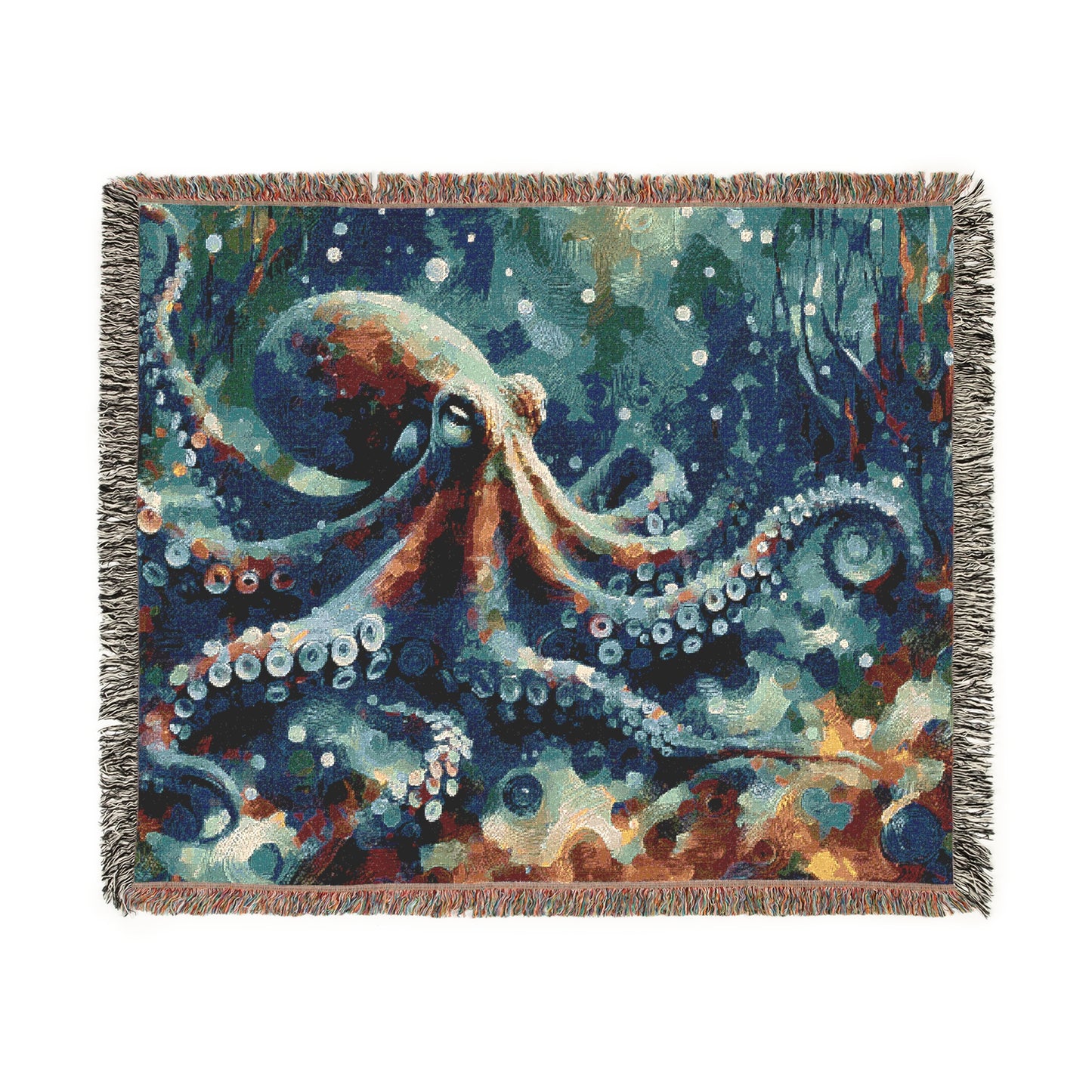 Oceanic Woven Blanket with Artistic Octopus Design, Cozy Throw for Home Decor, Nautical Gifts, Beach or Sea Lovers, Unique Wall Hanging