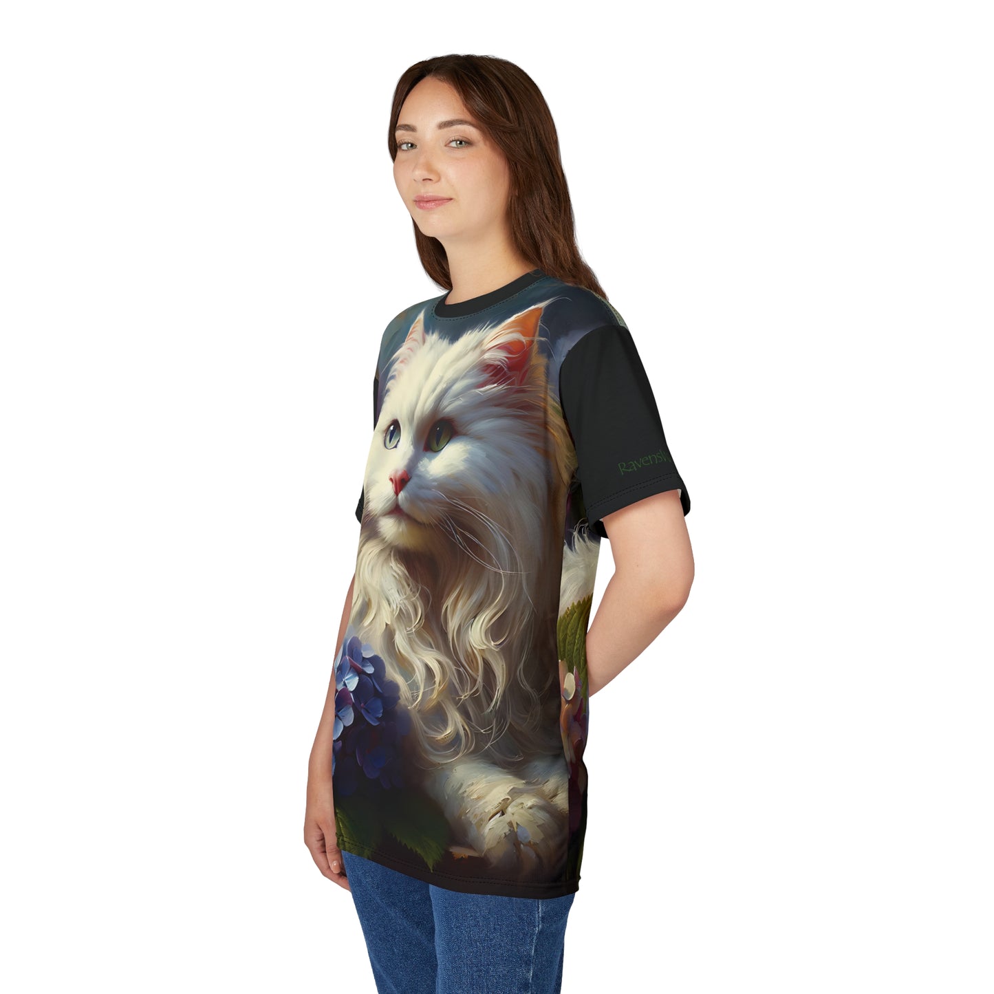 Young White Cat with Hydrangeas Vibrant Art Tee | Colorful Unisex Cut & Sew T-Shirt, Cat Lover Apparel, Unique Graphic Tee, Birthday Gift