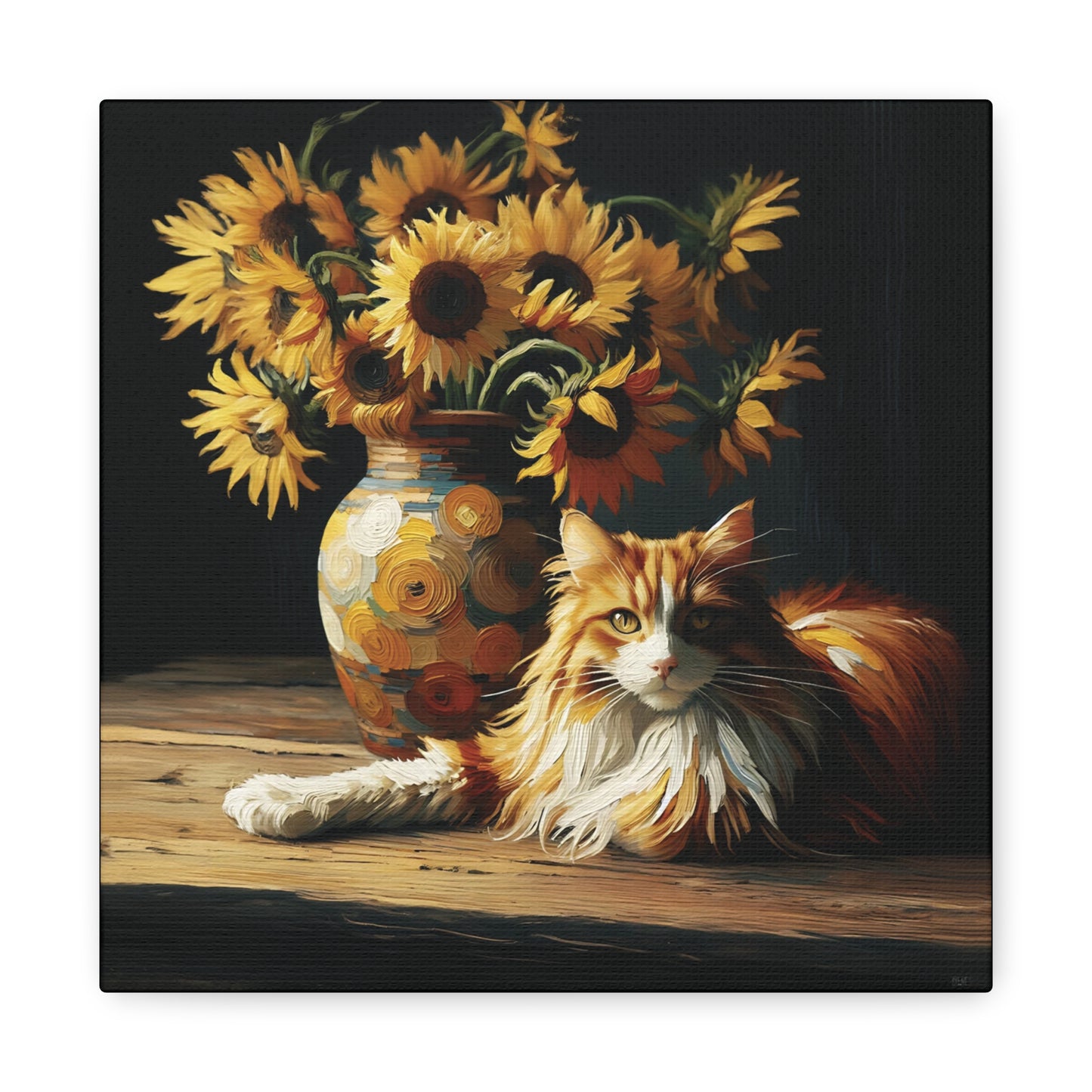 Canvas Wall Art - Orange and White Cat with Sunflowers Old Master Style Art