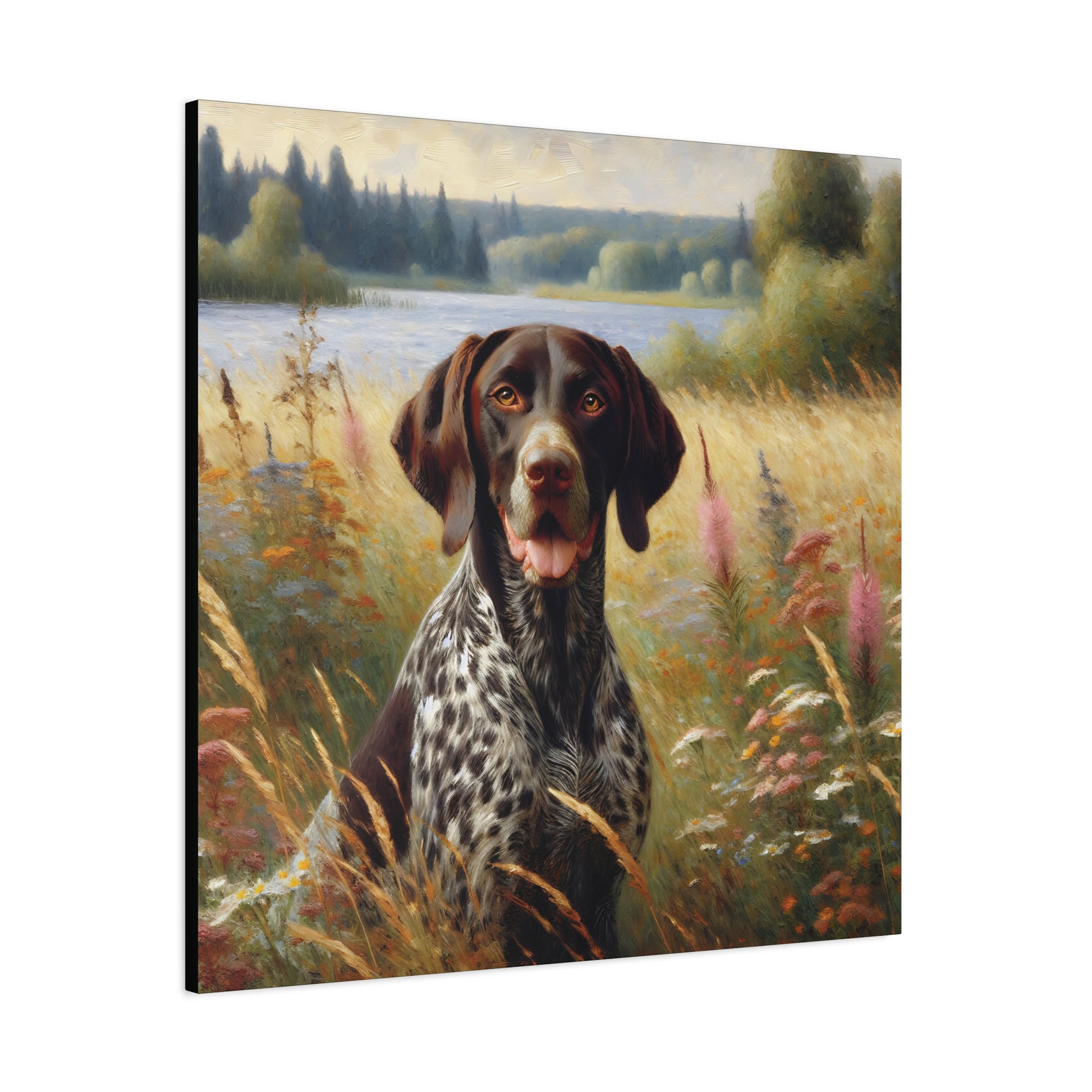 Painting of a German Shorthair Pointer dog sitting in a field with a lake and trees in the background