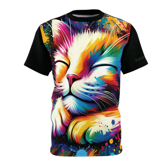 Contented Cat Vibrant Art Tee | Colorful Unisex Cut & Sew T-Shirt, Wildlife Apparel, Unique Graphic Tee, Birthday Gift