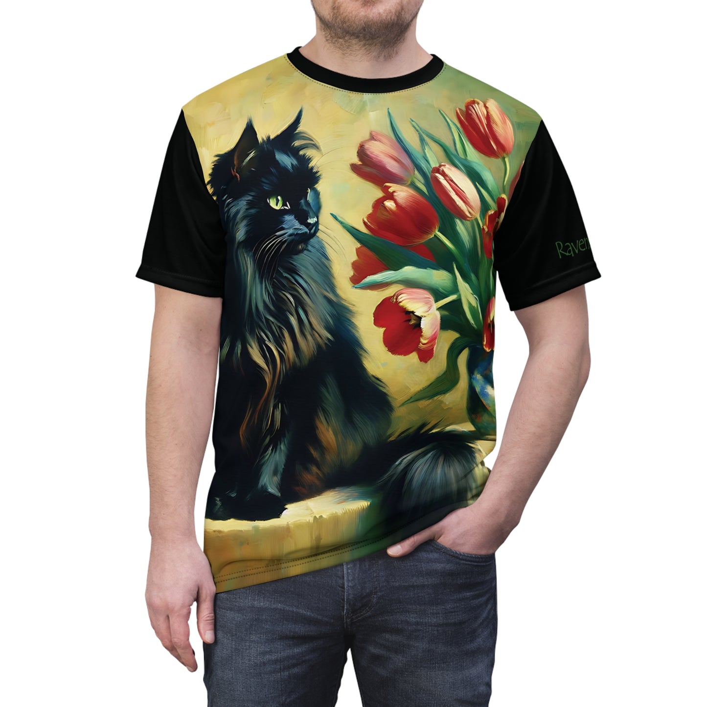 The Artist's Black Cat with Red Tulips Vibrant Art Tee | Colorful Unisex Cut & Sew T-Shirt, Wildlife Apparel, Unique Graphic Tee, Birthday Gift