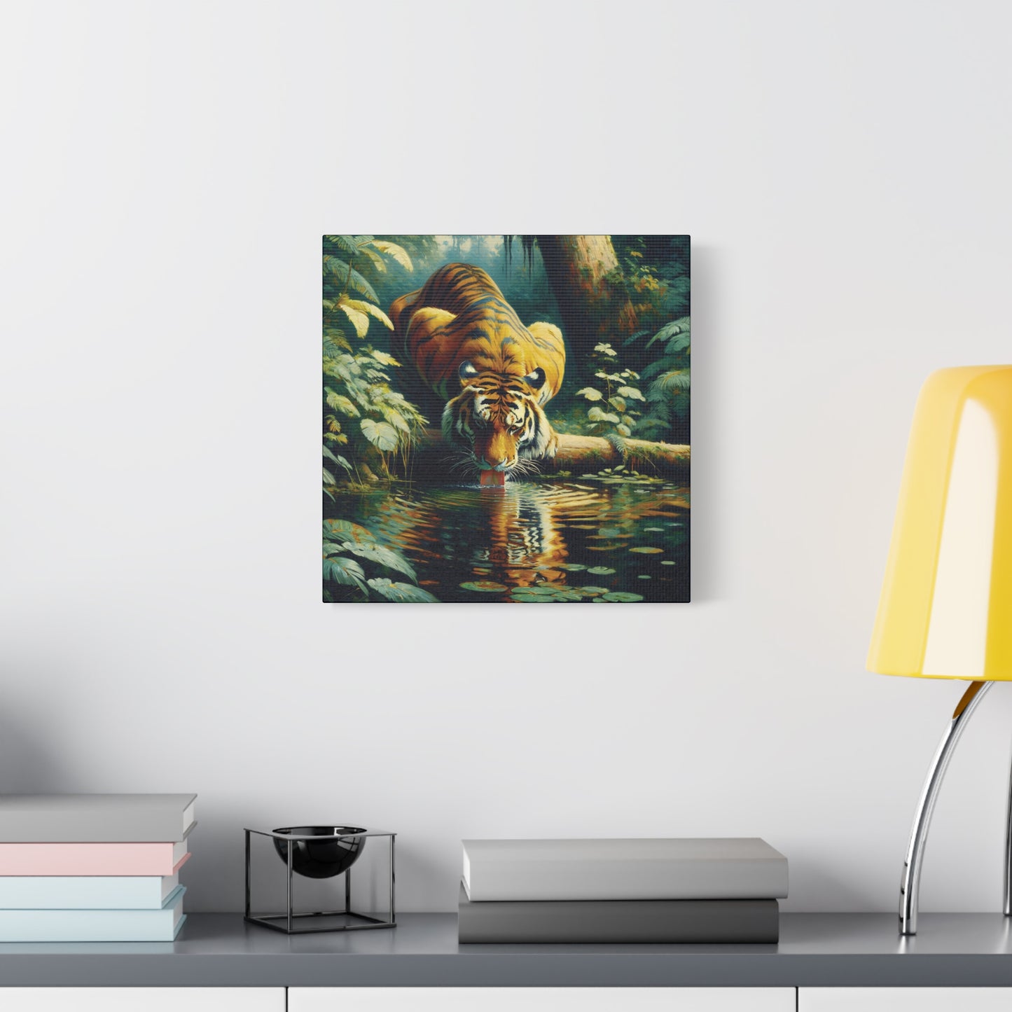 Tiger at Pond Impressionist Canvas Art Print