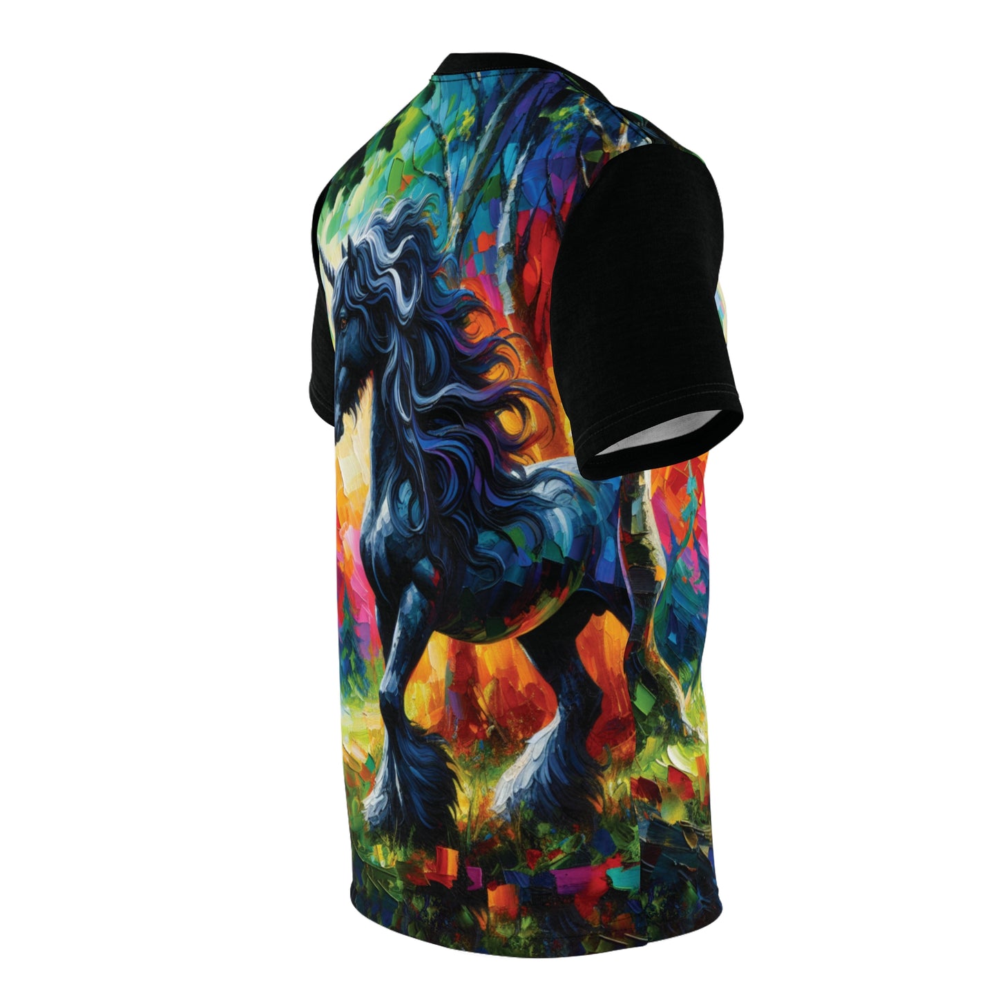 Elegant Black Stallion Unicorn Art Tee | Colorful Unisex Cut & Sew T-Shirt, Wildlife Apparel, Unique Graphic Tee