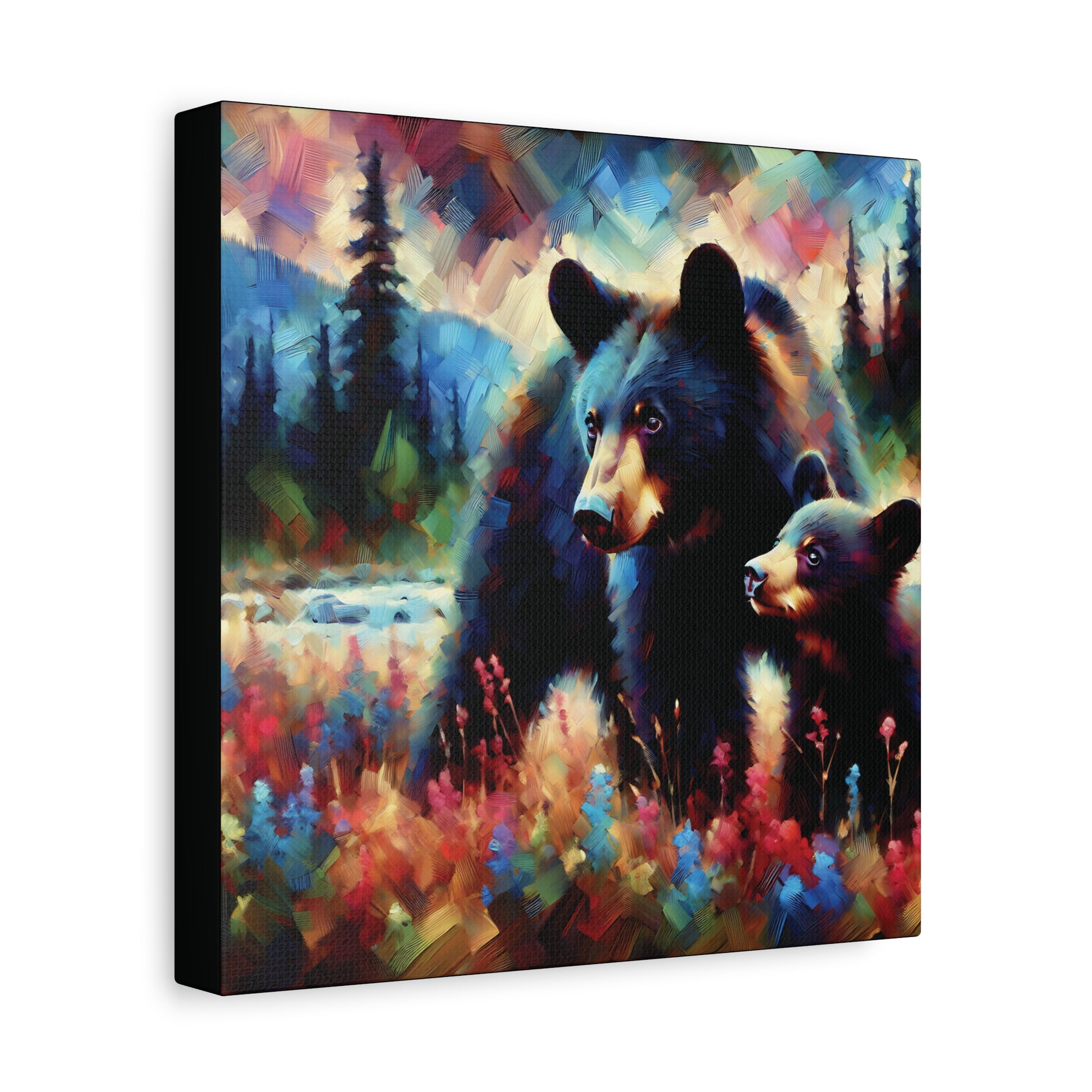 A canvas wall art print featuring a stylized depiction of a black bear with a cub in a colorful forest clearing.