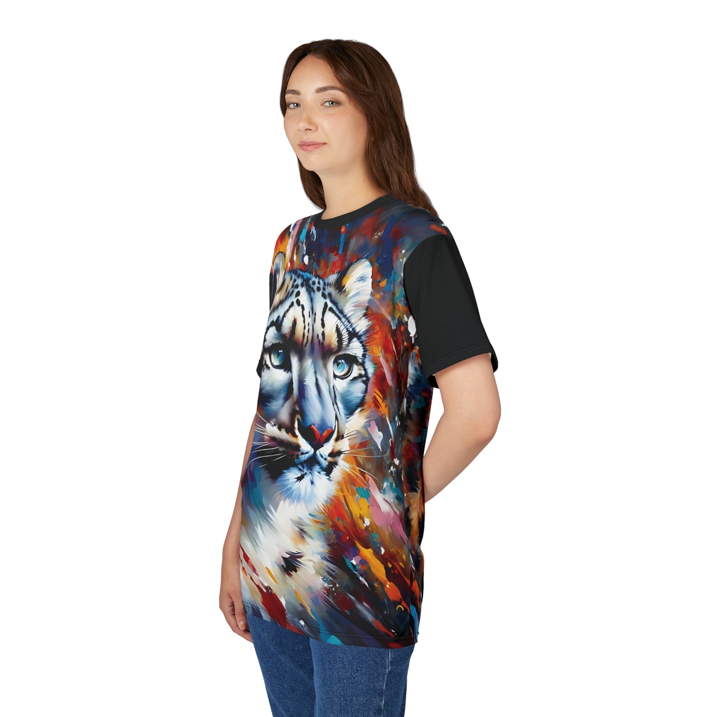 Colorful Snow Leopard Vibrant Art Tee | Colorful Unisex Cut & Sew T-Shirt, Wildlife Apparel, Unique Graphic Tee, Birthday Gift
