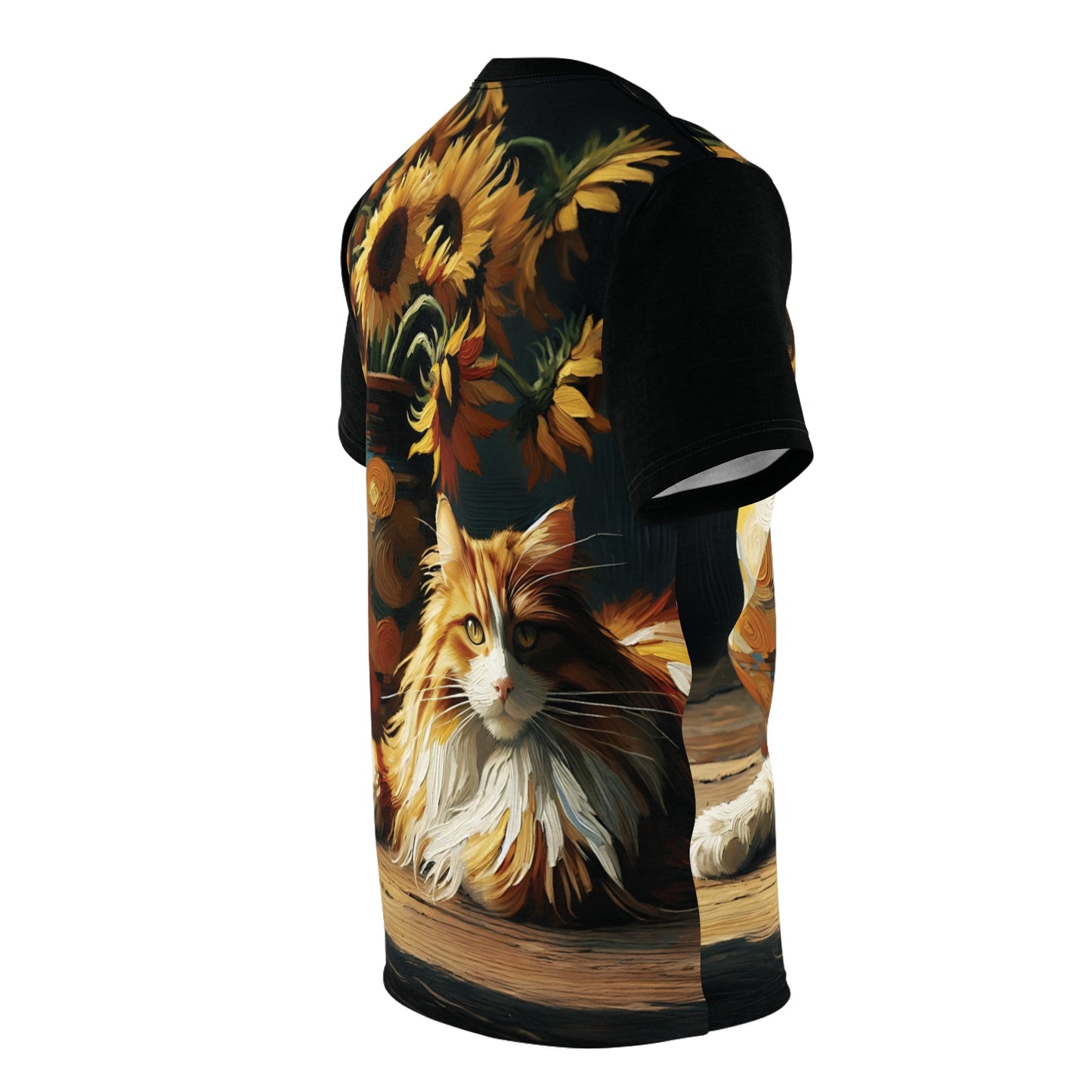 Orange and White Cat with Sunflowers Vibrant Art Tee | Colorful Unisex Cut & Sew T-Shirt, Cat Lover Apparel, Unique Graphic Tee, Birthday Gift