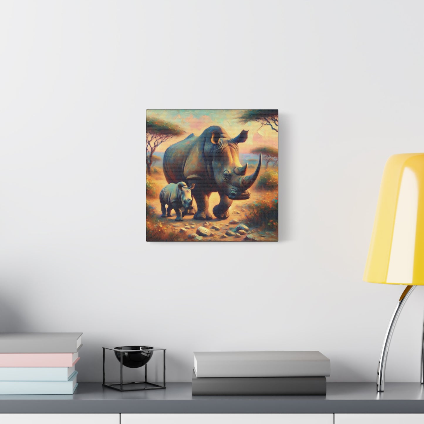 Rhino with Baby Impressionist Canvas Wall Art